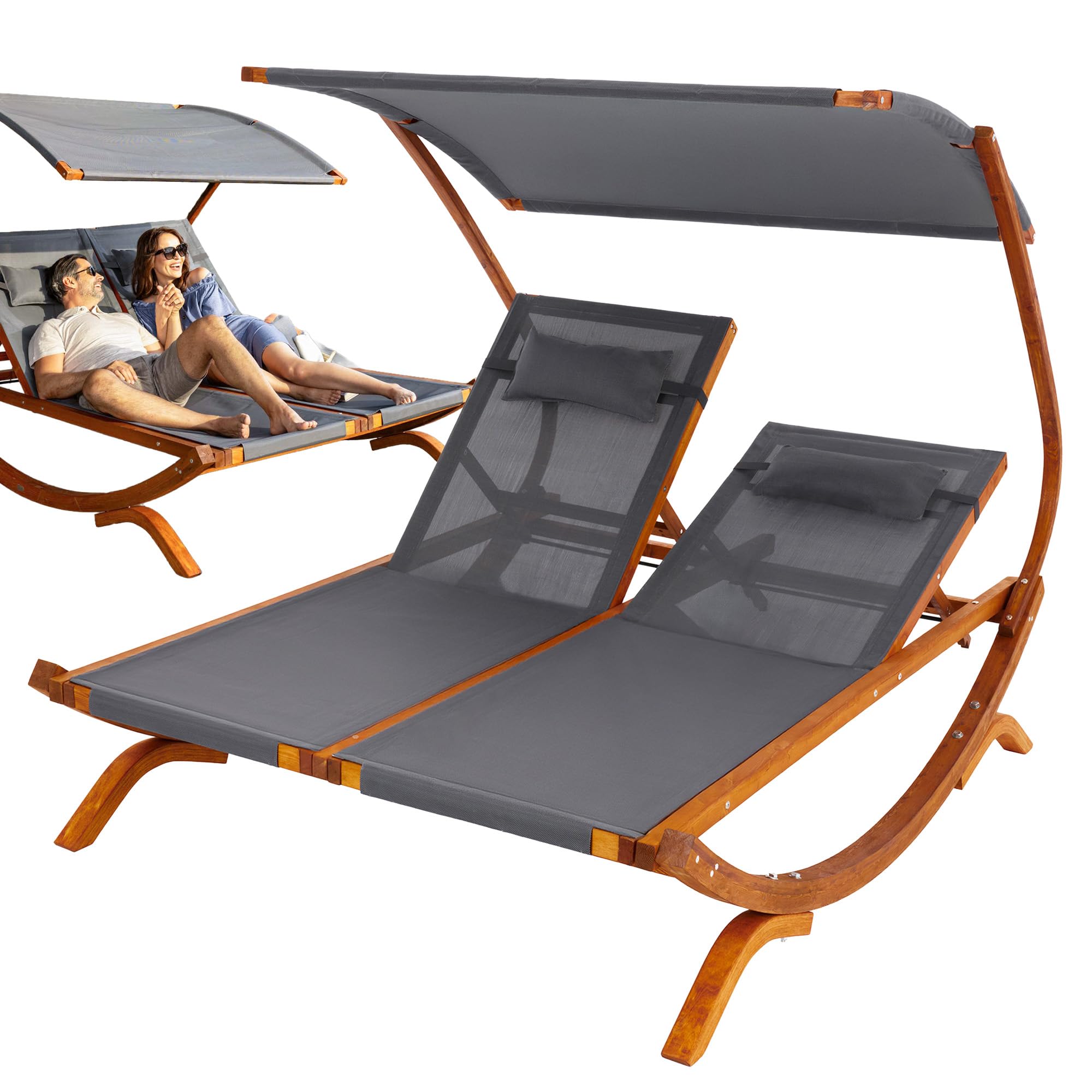 di volio Doppelliege aus Lärchenholz mit Dach für 2 Personen Outdoor Pionza | 280 kg belastbar, getrennt verstellbare Rückenlehnen, Sonnendach, Kopfkissen, Teslin-Gewebe, Terrasse, Garten, Pool