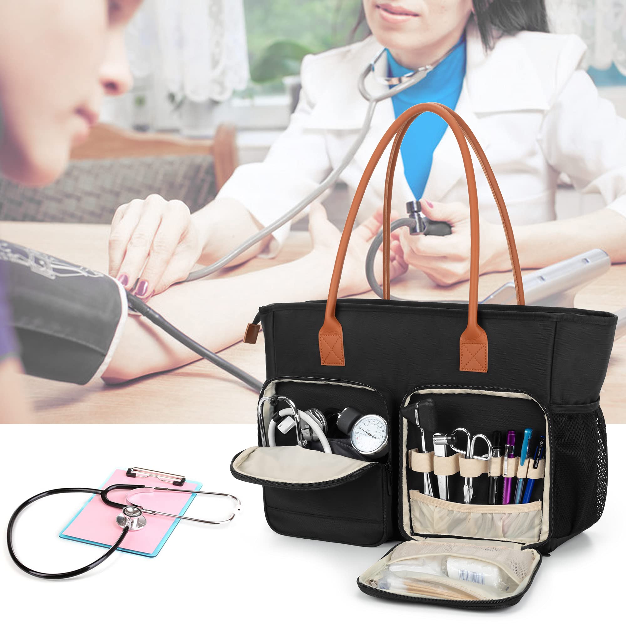 CURMIO Borsa da infermiera, borsa medica portatile con tracolla e custodia imbottita per computer portatile, per lavoro infermieristico, visite a casa, servizio sanitario, nero (solo borsa)