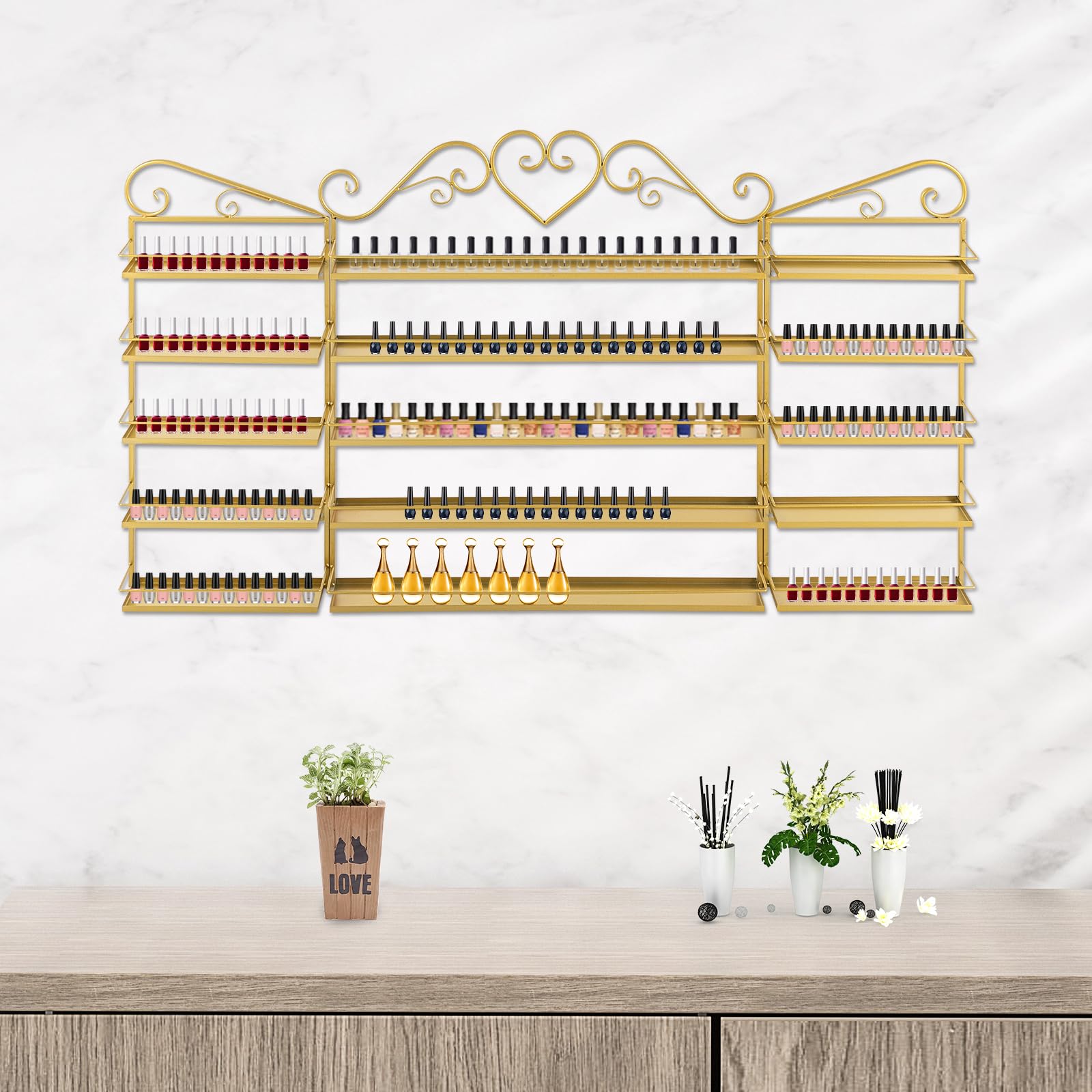 Nagellack Aufbewahrungsregal Wandmontiert 5 Ebenen Metall Display Regal für Nagelstudio Wohnzimmer Schlafzimmer Gold Tonie Aufbewahrung Metallregal Wand Schminken Wandregal