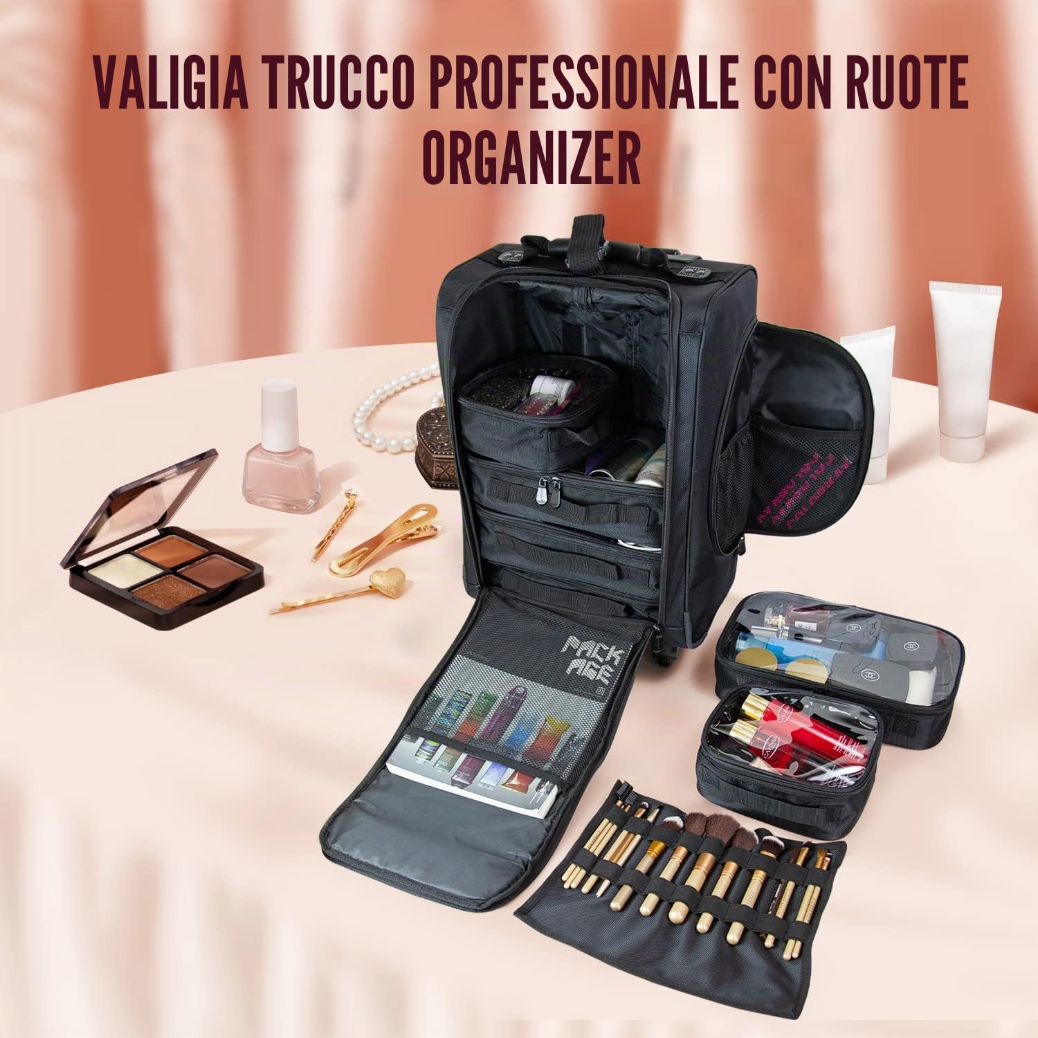 Organizer Portatile per Cosmetici, in Nylon Morbido Con Sacchetti, Nero