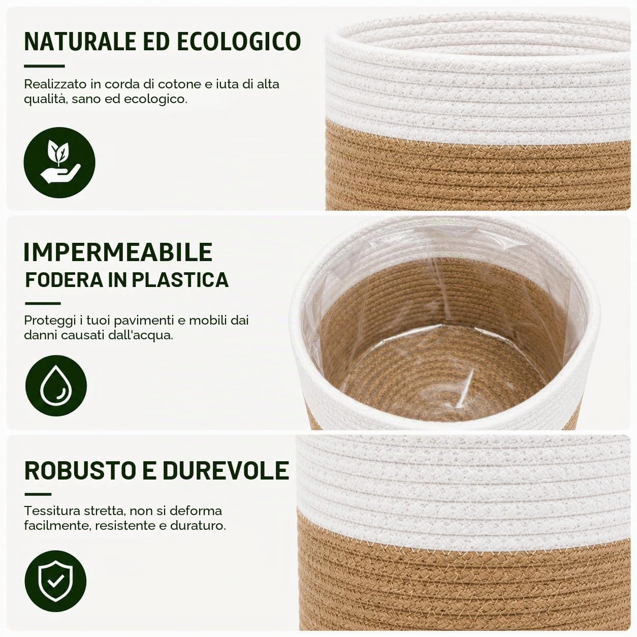 Cesto per Piante Corda di Cesto cotone intrecciata Decorazione vaso di fiori da interno portabiancheria pieghevole Cesto portaoggetti per uso domestico