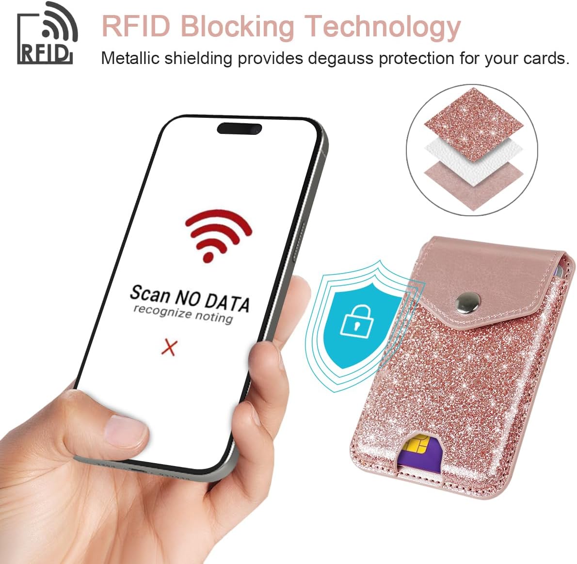 Self Adhesive Card Holders for Back of Phone, Cute Leather RFID Phone Wallet Pockets with Snap, Slim Card Holders Sleeve for Phone Case, Glitter Rose Gold - Image 5