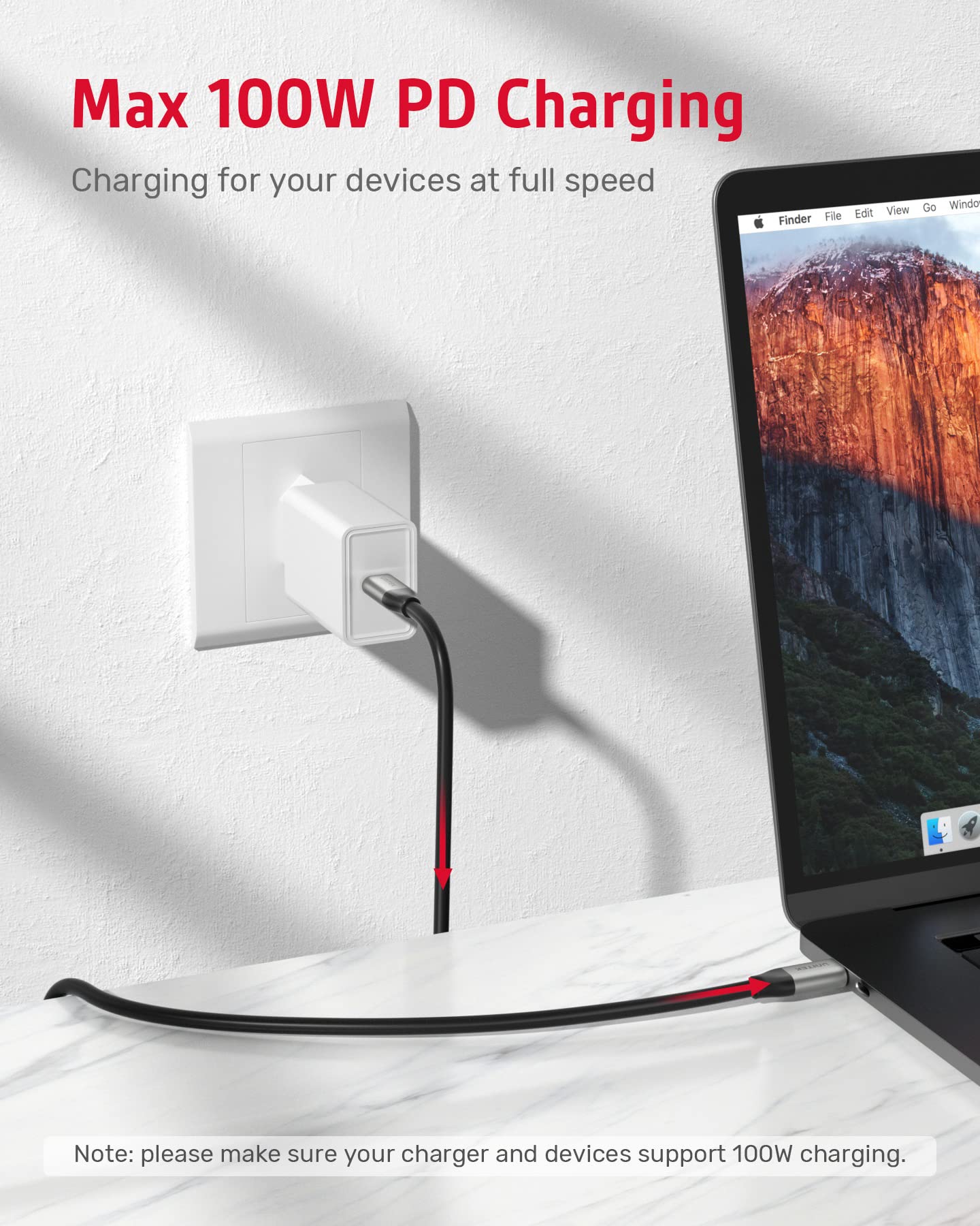UnITEK Human friendly USB-C 100W PD hızlı şarj kablosu, 4K@60Hz ve 10Gbps veri (USB 3.2 Gen2) C14082ABK Power Delivery 100W USB SuperSpeed + Quick Charge siyah