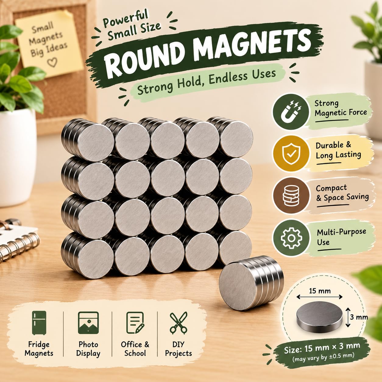 Black Round Magnets - Decorative Fridge Magnets -6 Black Round Magnets - Decorative Fridge Magnets -6