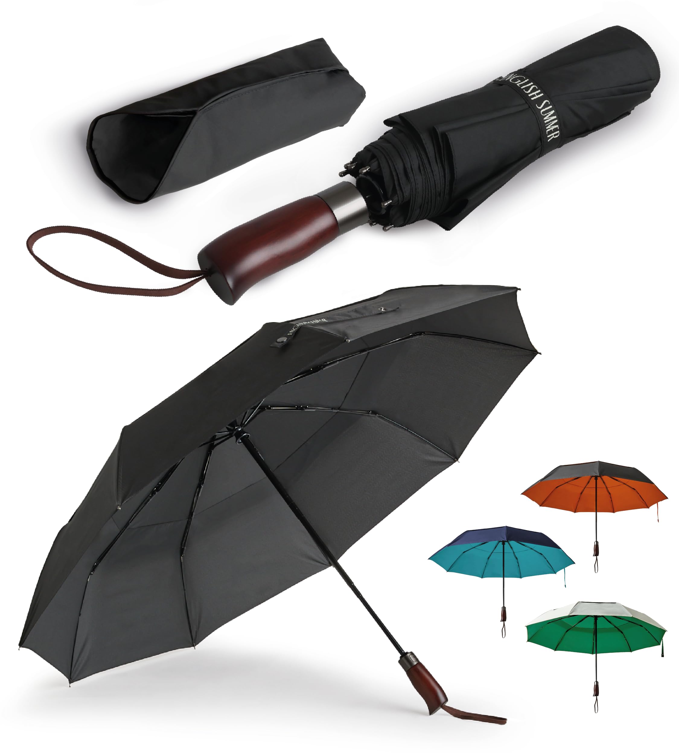 ENGLISH SUMMER Ombrello antivento di lusso per la pioggia: forte, automatico, a doppia ventilazione, pieghevole portatile, tettoia extra large, qualità con manico in vero legno