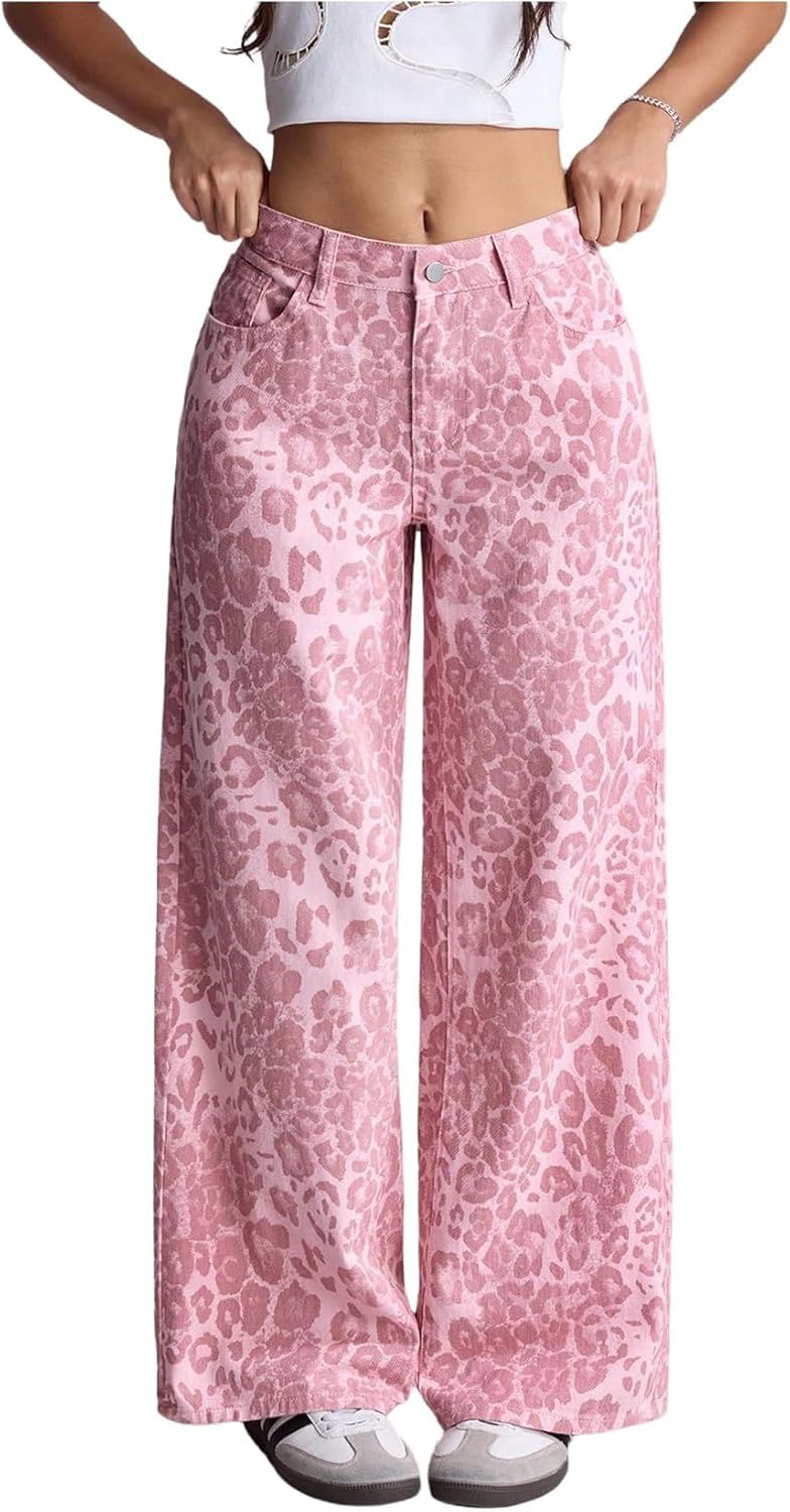 Floerns Women's Going Out Leopard Print Baggy Jeans Low Rise Wide Leg Casual Denim Pants