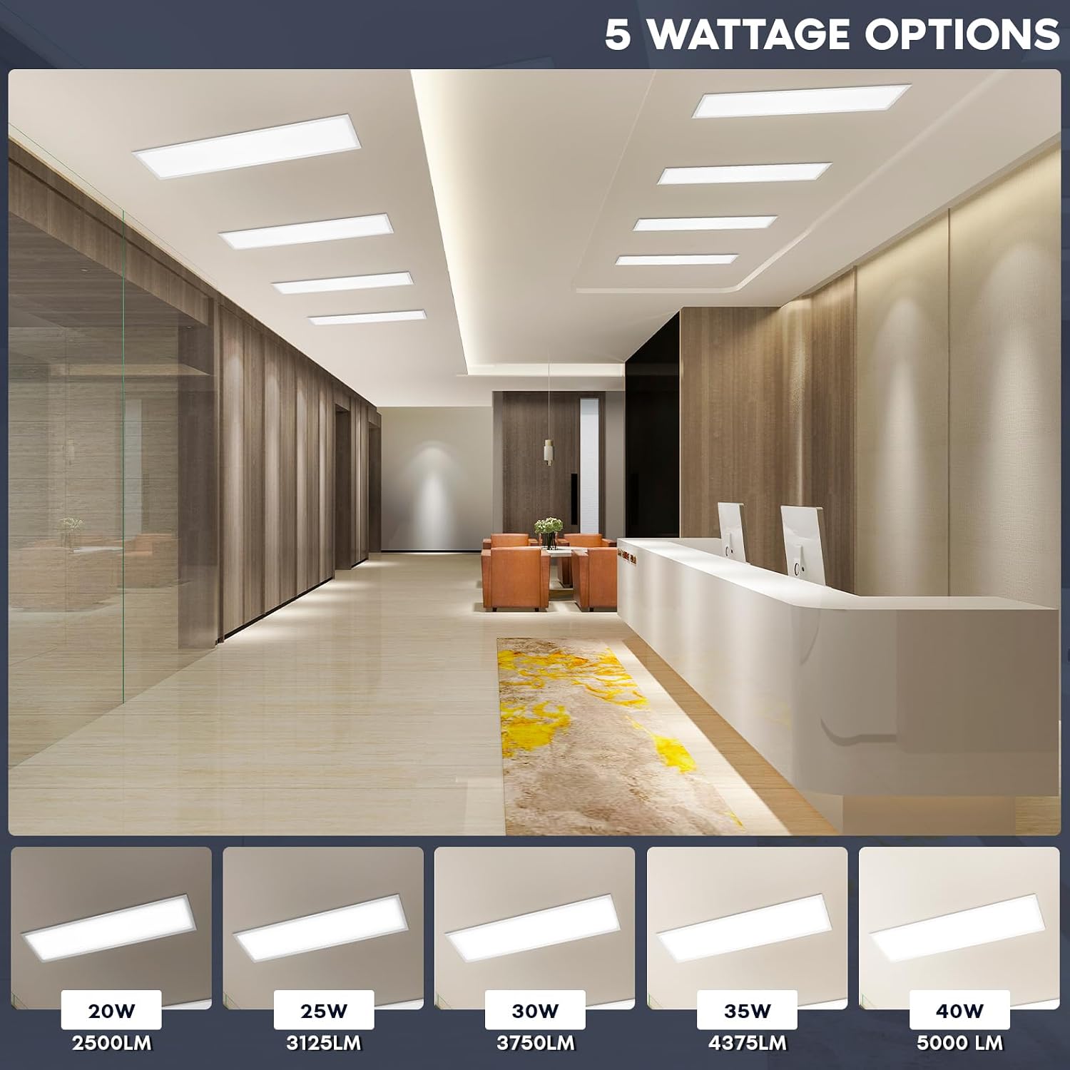LUXRITE 1x4 FT LED Backlit Flat Panel Light, 5CCT 3000K-6500K, 5 Wattage Adjustable 20W-40W, 2500-5000 Lumens, Dimmable, Drop Ceiling Troffer Light, Damp Rated, DLC Premium, IC & ETL Listed (4 Pack)