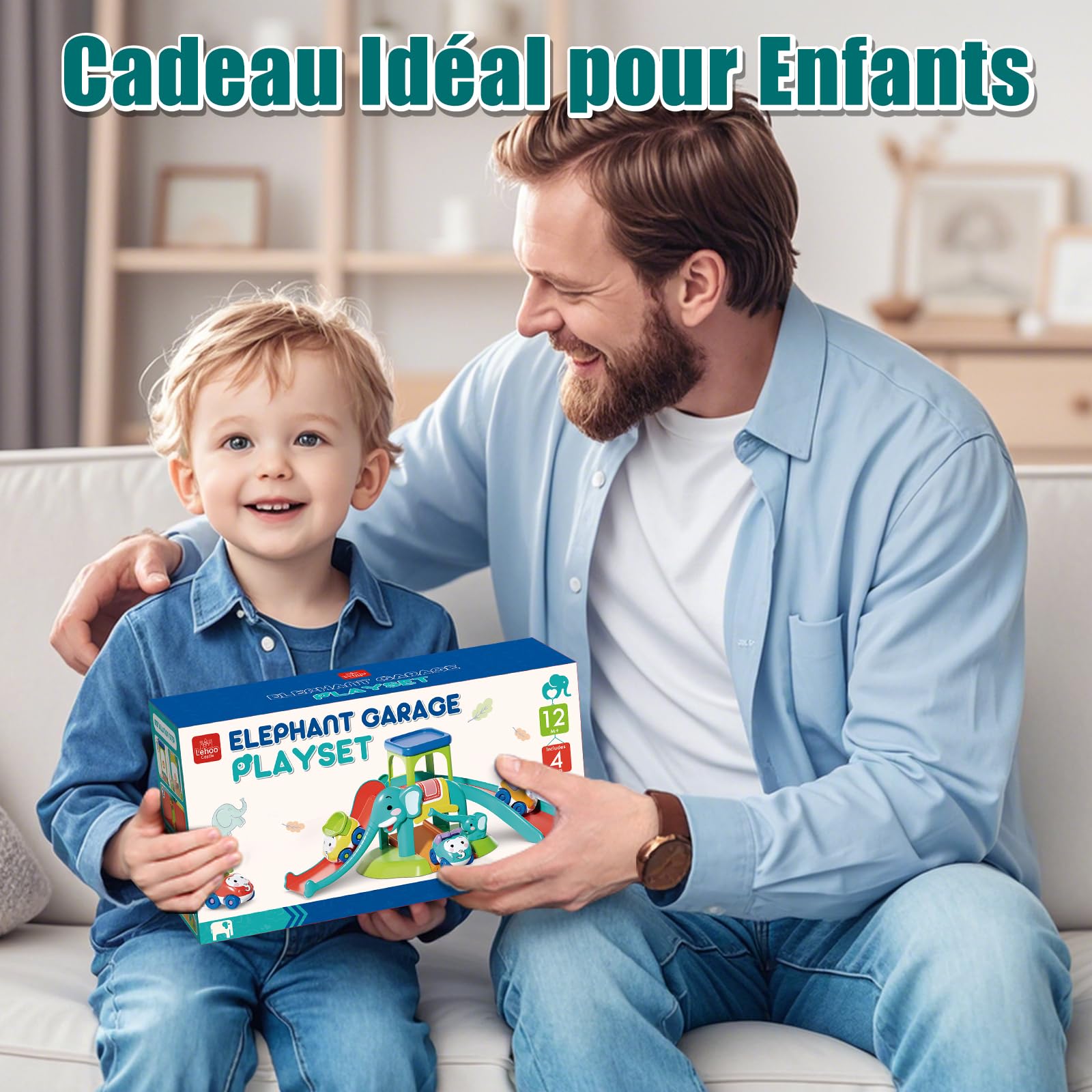 Lehoo Castle Jouet de Voitures pour Enfant 1 2 3 Ans, Cadeau pour Enfant, Toboggan Éléphant avec 4 Voitures a'Animaux, Jeux Éducatif pour Bébé 12+ Mois, Piste de Voitures à Pousser
