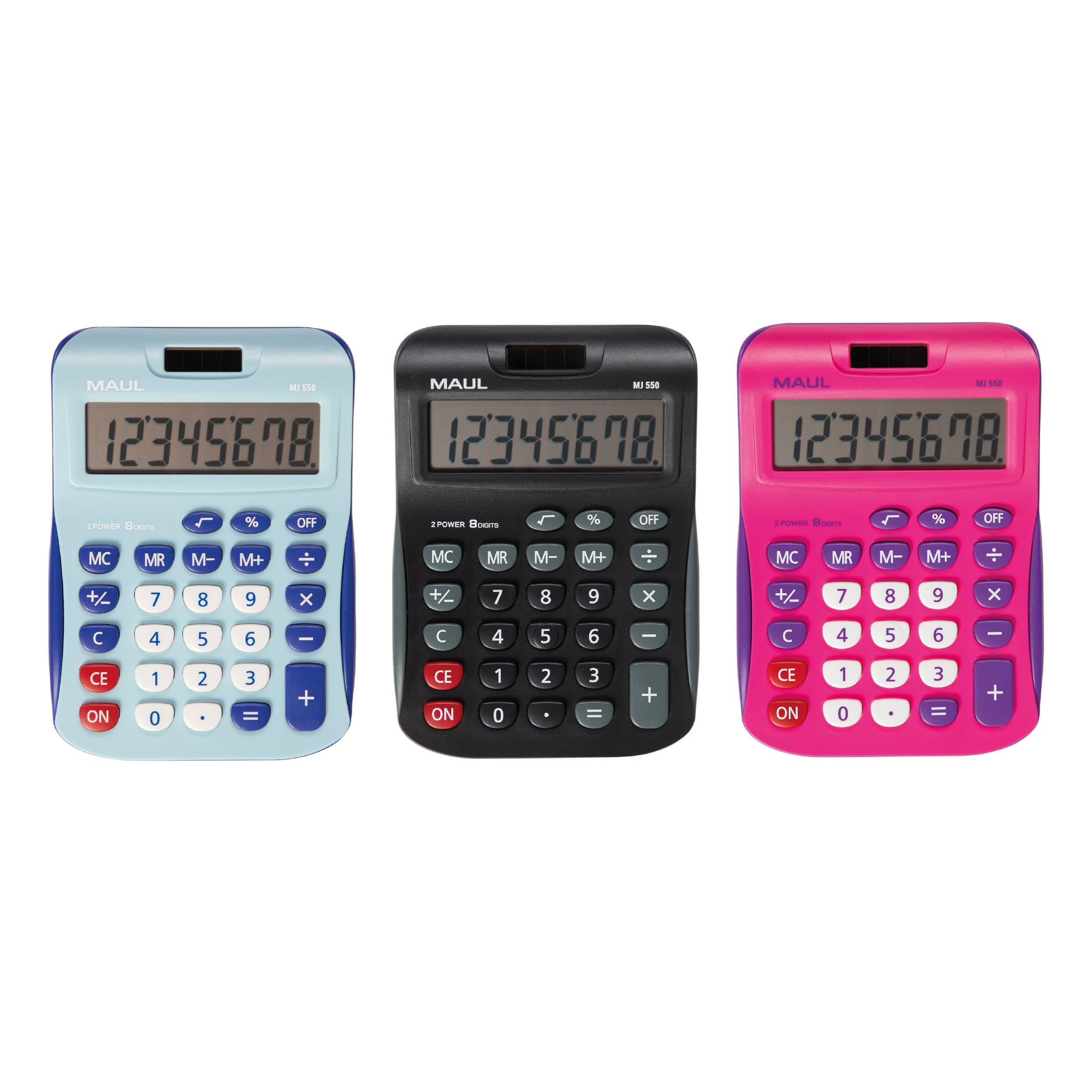 Maul calculadora MJ 450 | Calculadora Rosa con Pantalla de 8 dígitos | Calculadora Solar con utilización de la Pila en la Oscuridad | Calculadora pequeña 15,5 x 11 x 2,5 cm | Rosa