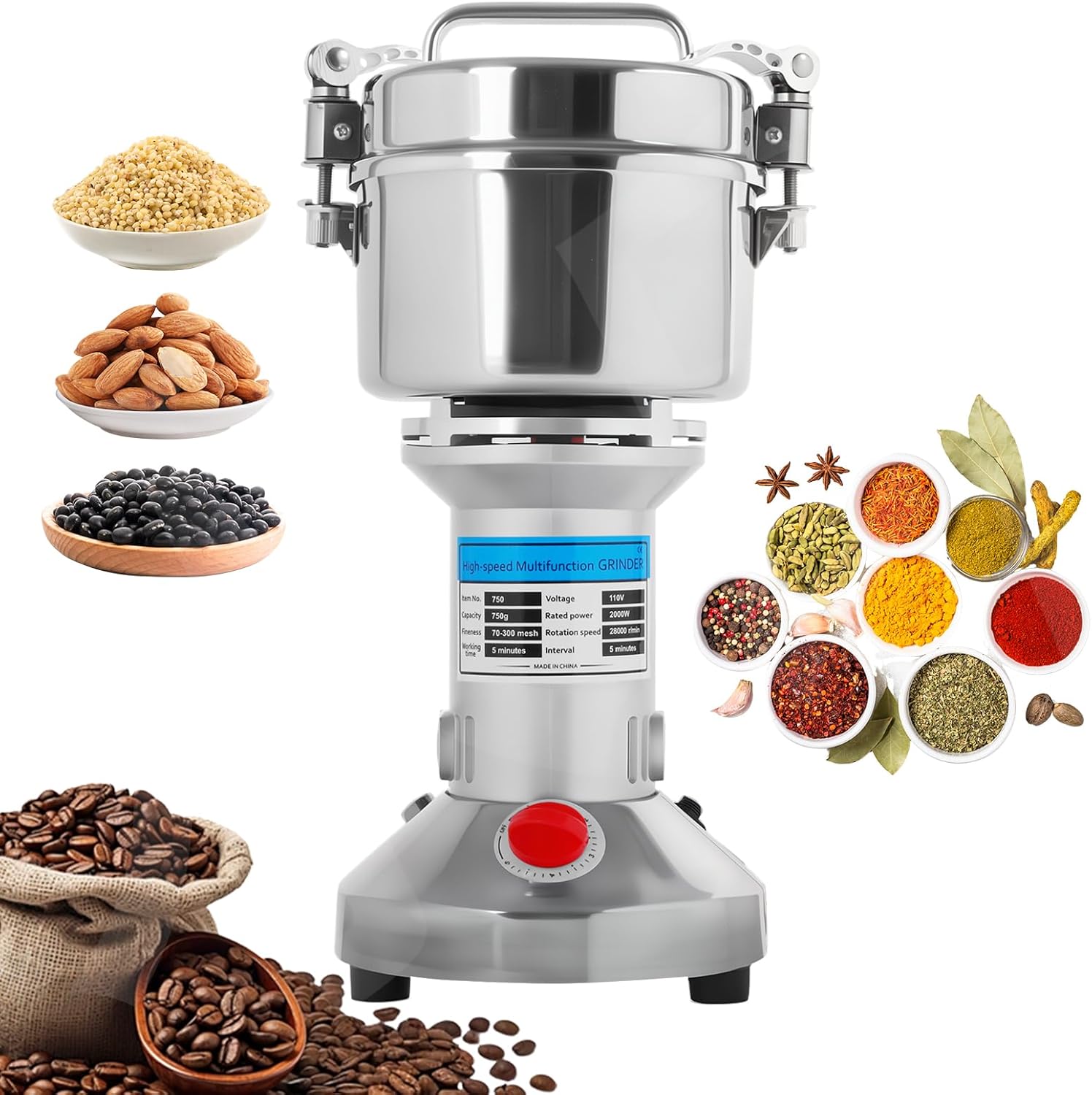 750g Electric Grain Mill Grinder, 2000W High-Speed Stainless Steel Dry Food Grinder, for Grains, Spices, Seeds, Coffee, Herbs & More, Commercial & Home Kitchen Use (22000 RPM, One-Touch Operation)