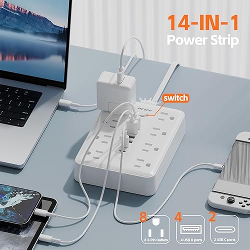 Miniatura 2 de Regleta protectora de sobretensiones (900J) -MCSCN 8 tomacorrientes 6 USB - 15A1875W - Cable de extensión de 10 pies, enchufe y cable ultrafino,