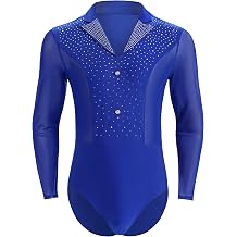 IWEMEK Men Latin Dance Shirt Long Sleeve Rhinestone Bodysuit Ballet Leotard Sheer Salsa Tango Ballroom Competition Costume