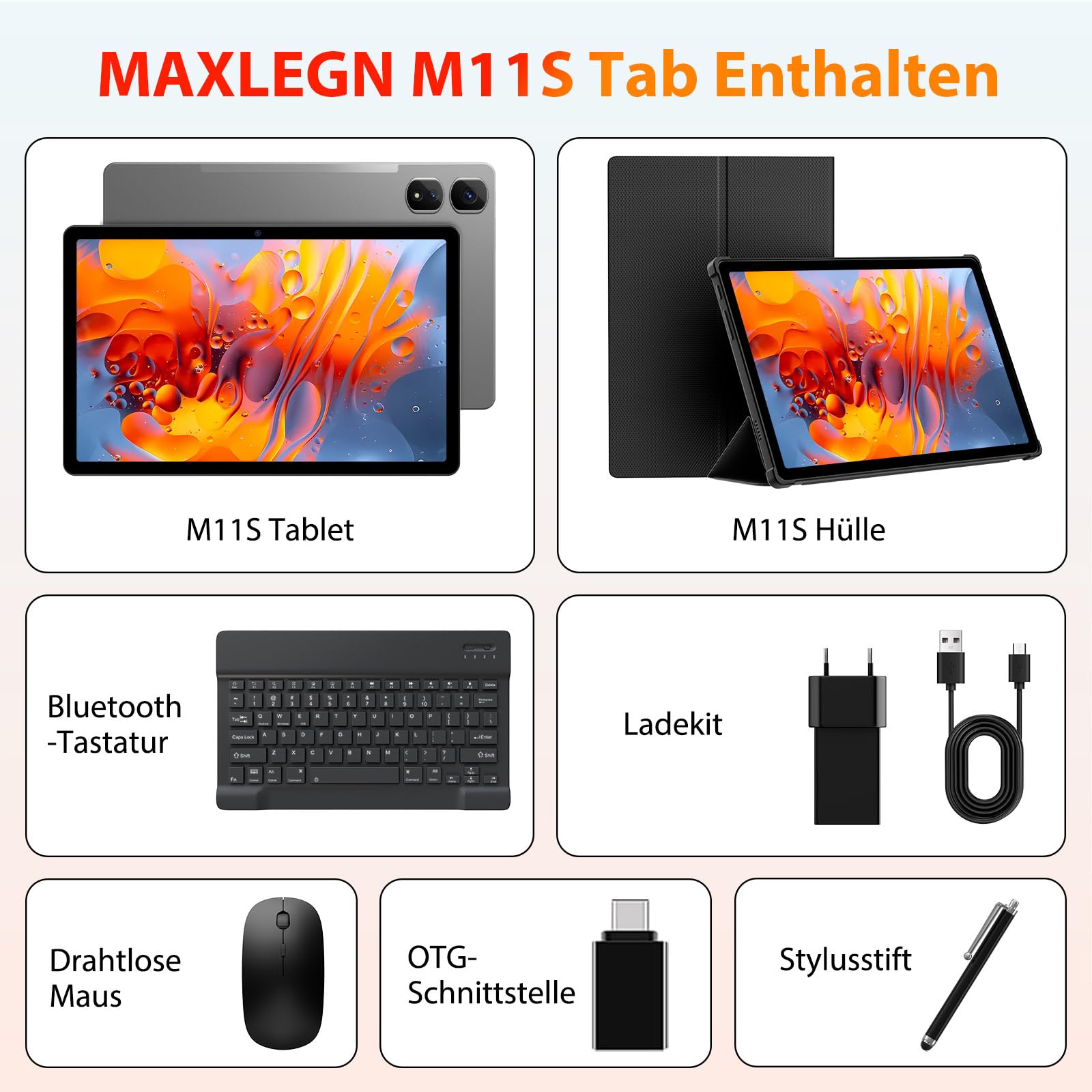 Tablet 11 Zoll Cellular, 2K FHD, 36GB RAM+256GB ROM/1TB TF, 4G LTE Dual SIM+5G WLAN, 2GHz Octa-Core Android 15 Tablets mit 9580mAh Akku, 13MP, GPS, GMS, mit Tastatur/Stift/Maus/Hülle