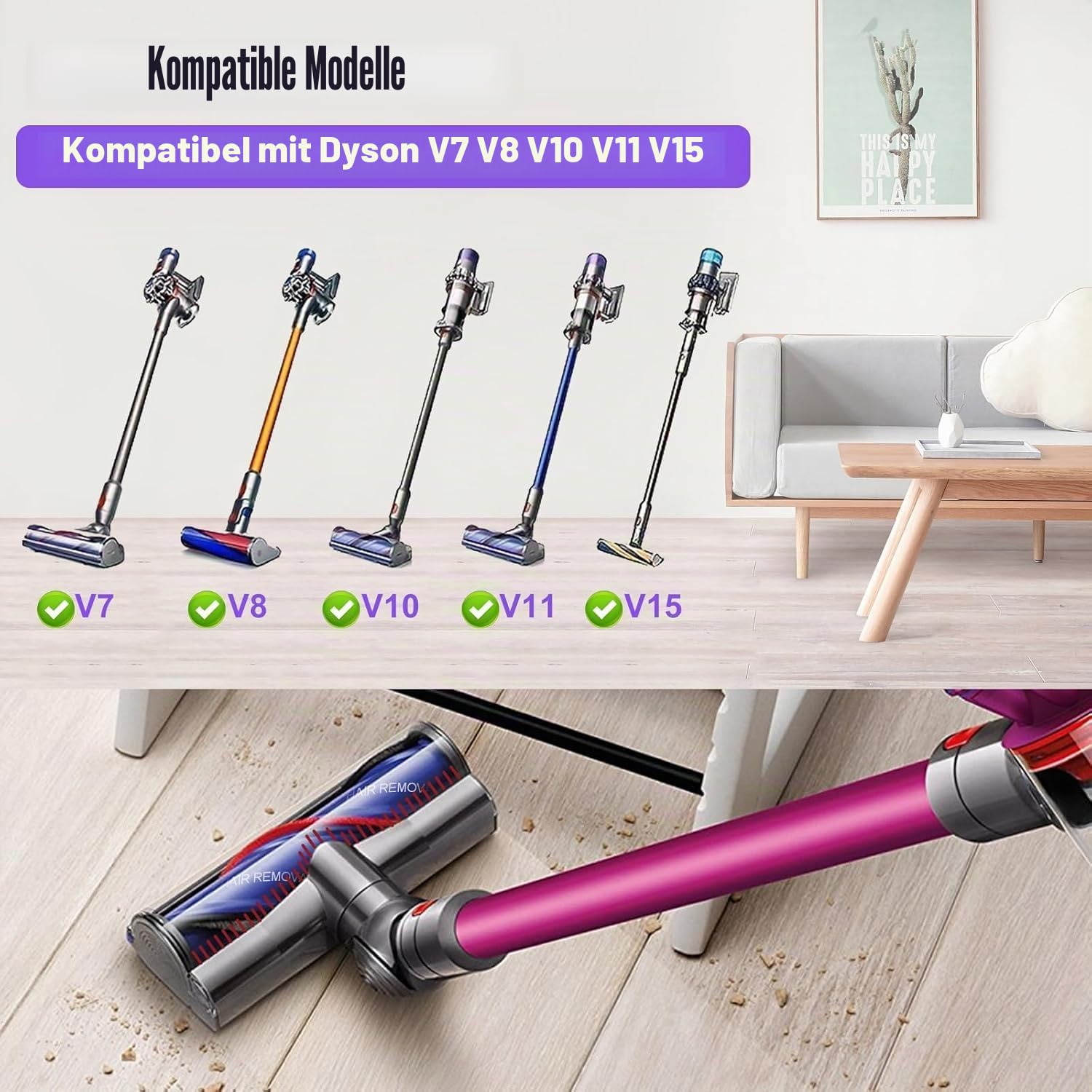 Bürste Kompatibel mit Dyson V7 V8 V10 V11 V15 Staubsauger, Ersatzteile Bürstenkopf mit Direktantrieb, Bodenbürste, Zubehör für Turbobürste mit Schnellspanner für Hartboden und Teppiche