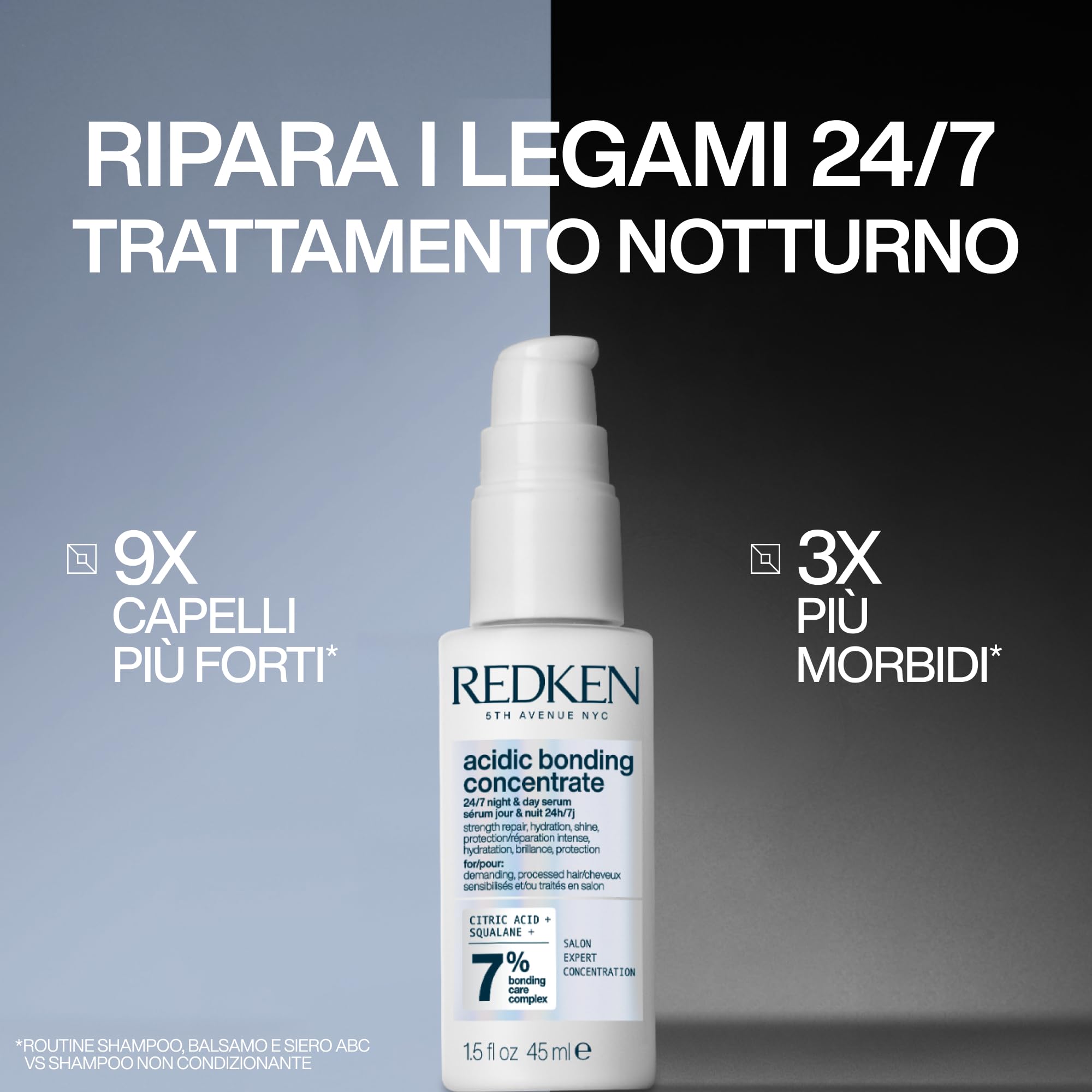 Redken, Siero Notte per Capelli Danneggiati, Capelli Rinforzati e Protetti a Lungo, Azione 24/7, Con Acido Citrico e Acido Poliglutammico e Squalane, Acidic Bonding Concentrate, 45 ml