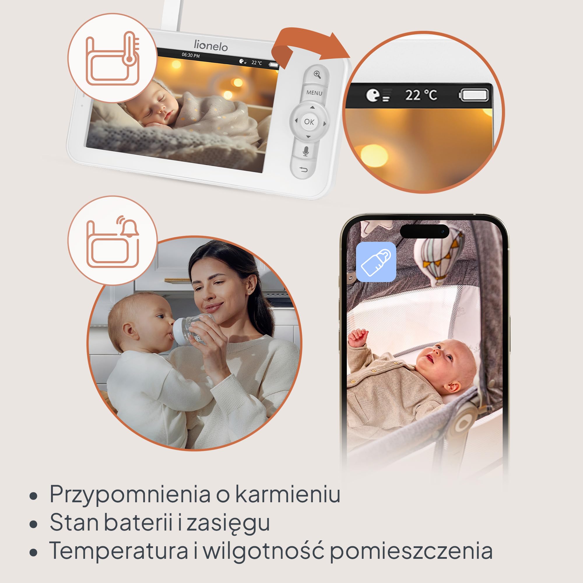 Lionelo Babyline 9.2 Ai Niania Elektroniczna Wideo, Kamera 2K, Monitor 5", WiFi, Alerty AI, Śledzenie Ruchu, Wykrywanie Płaczu i Zakrycia Głowy, VOX, IR, Aplikacja, Czujnik Temperatury i Wilgotności