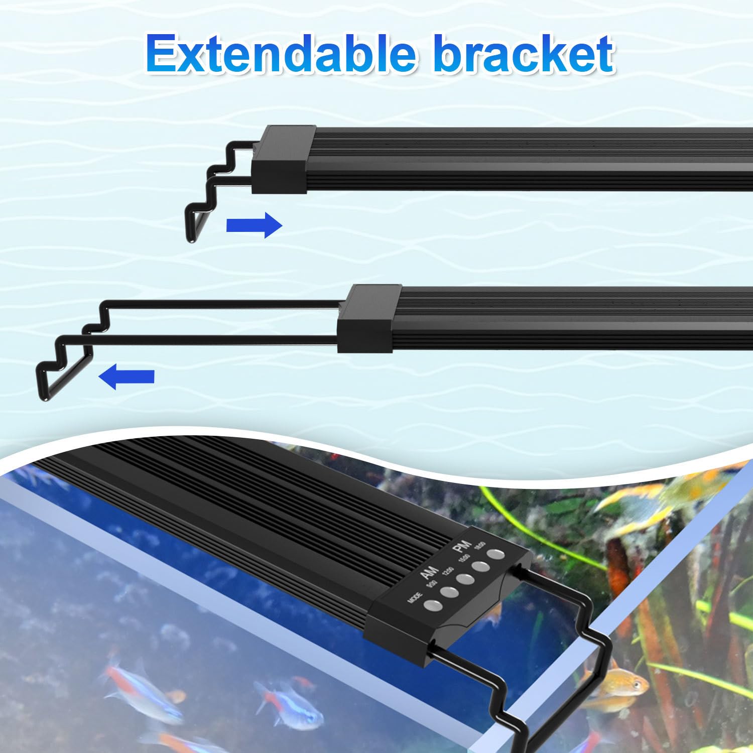 Aquarium LED Beleuchtung, 24/7 Vollspektrum Aquarium Licht, 10 Helligkeitsstufen Dimmbar, 30W Aquariums Pflanzenlicht mit ausziehbarer Halterung, für 90-120cm Fischtank