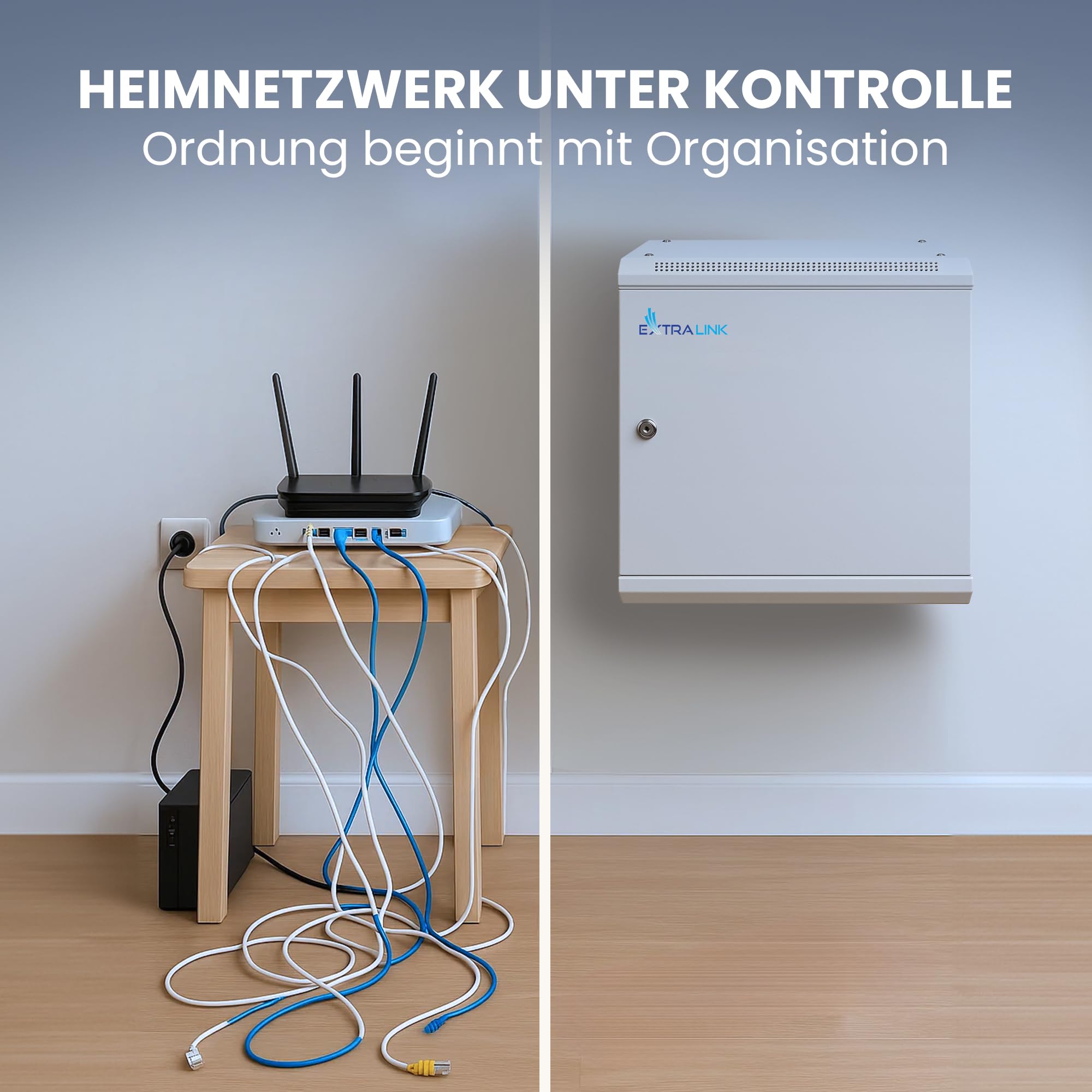 Extralink Serverschrank 19 Zoll 6HE – Netzwerkschrank 600mm Tiefe zur Wand- oder Standmontage, Traglast 60 kg, Metall-Gehäuse, abschließbar 180° Öffnung, grau – ideal für Heimnetzwerk & IT-Geräte