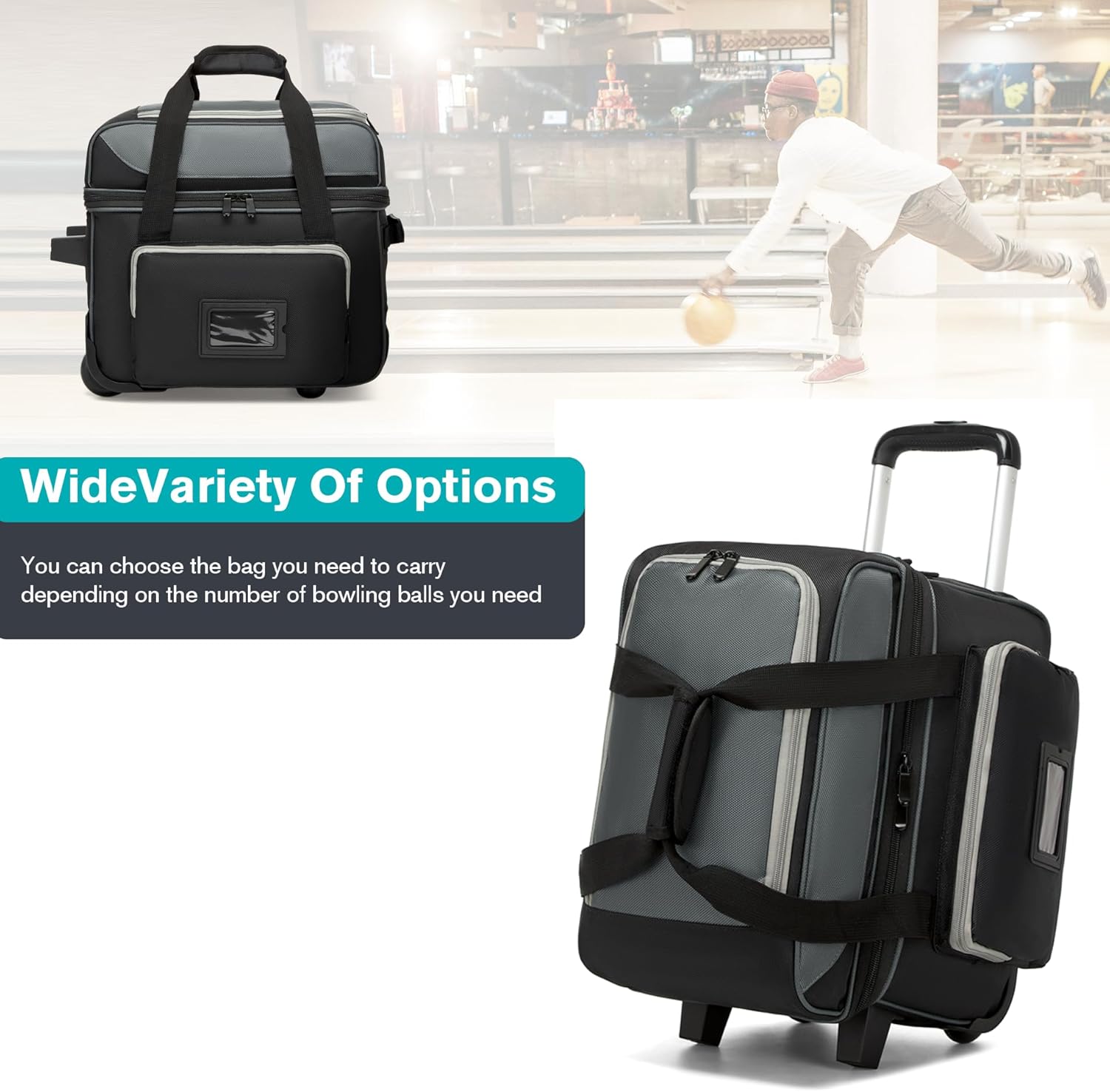 Bowling Ball Bag with Separate Shoe Compartment, Single Roller Bowling Bag with Wheels and Retractable Handle Extends to 37.0 Inches, Padded Foam Ball Insert, Gray (1 Ball Bowling)