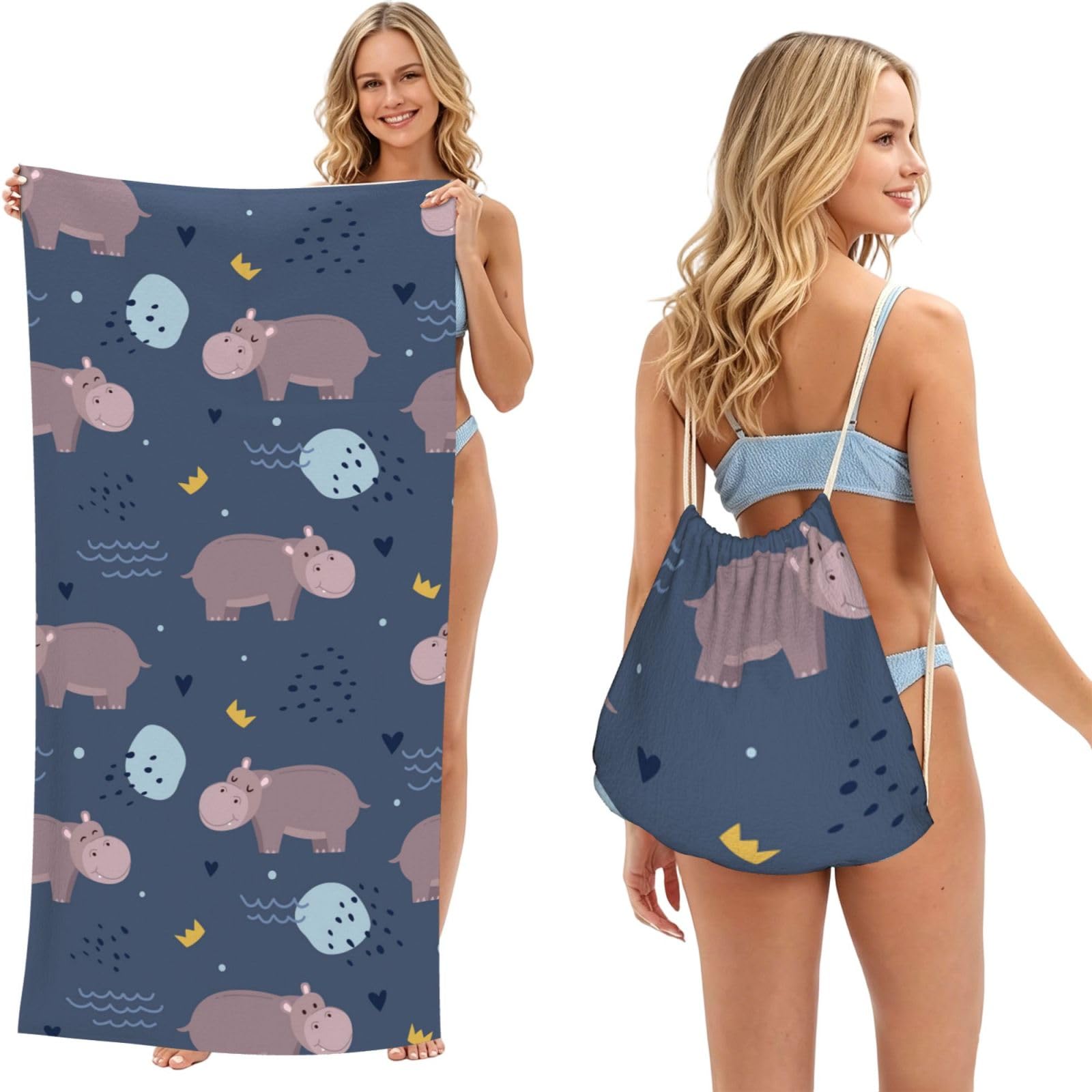 Poadnly As Picture Hippo Animal, 2 In 1 Packable Towel Bag, Beach Towels With Drawstring Backpack For Travel Holiday Camping