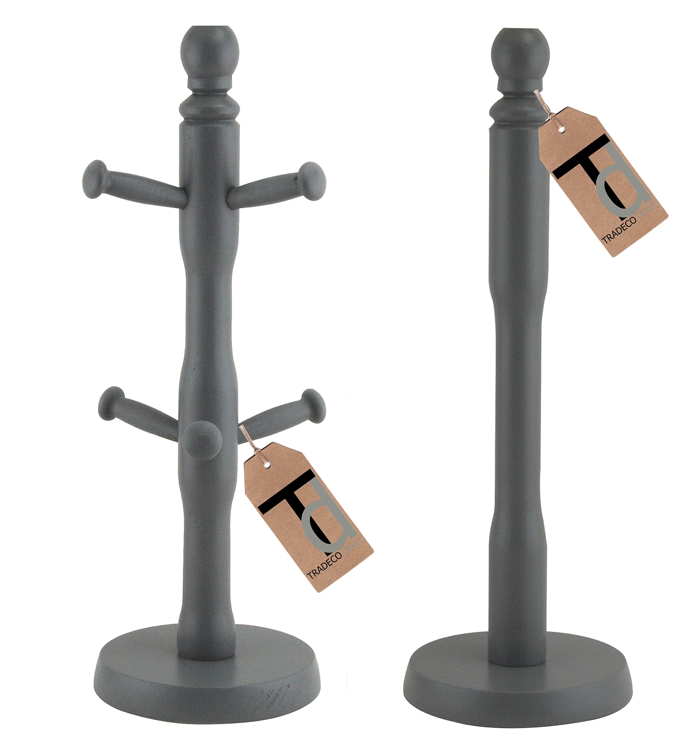 Tradeco direct® 2 Pc Mug Tree (6 Cup) & Kitchen Towel Holder Set Charcoal Grey Beech Wood 35cm