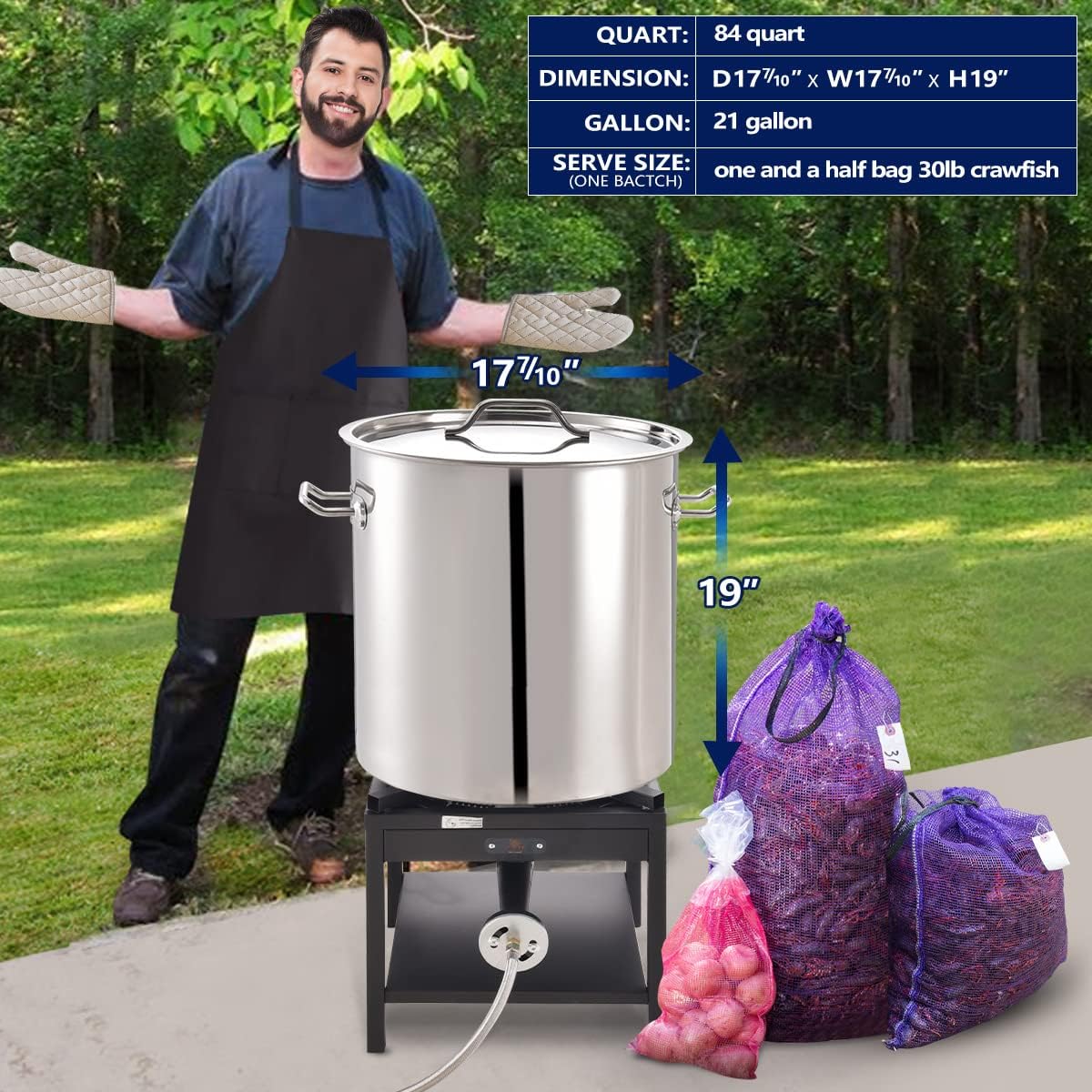 ARC 84QT Stainless Steel Seafood Boil Pot with 200,000BTU Propane Burner and 48" Large Spoon, Crab Crawfish Boil Pot and Burner for Outdoors Cooking and Steaming