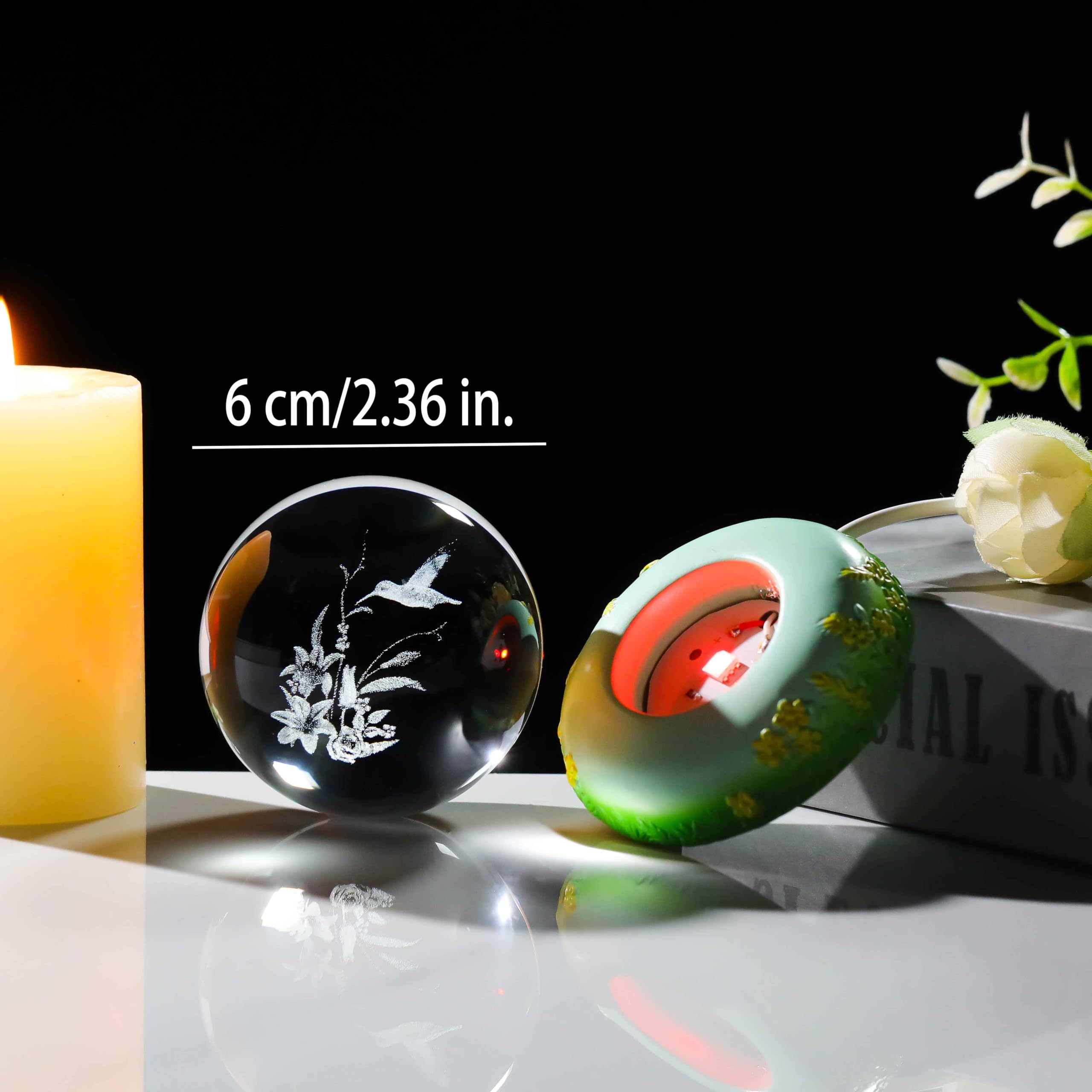 2.36in. Crystal Ball Engraved 3D Lily Flower and Hummingbird with LED Base - Image 4