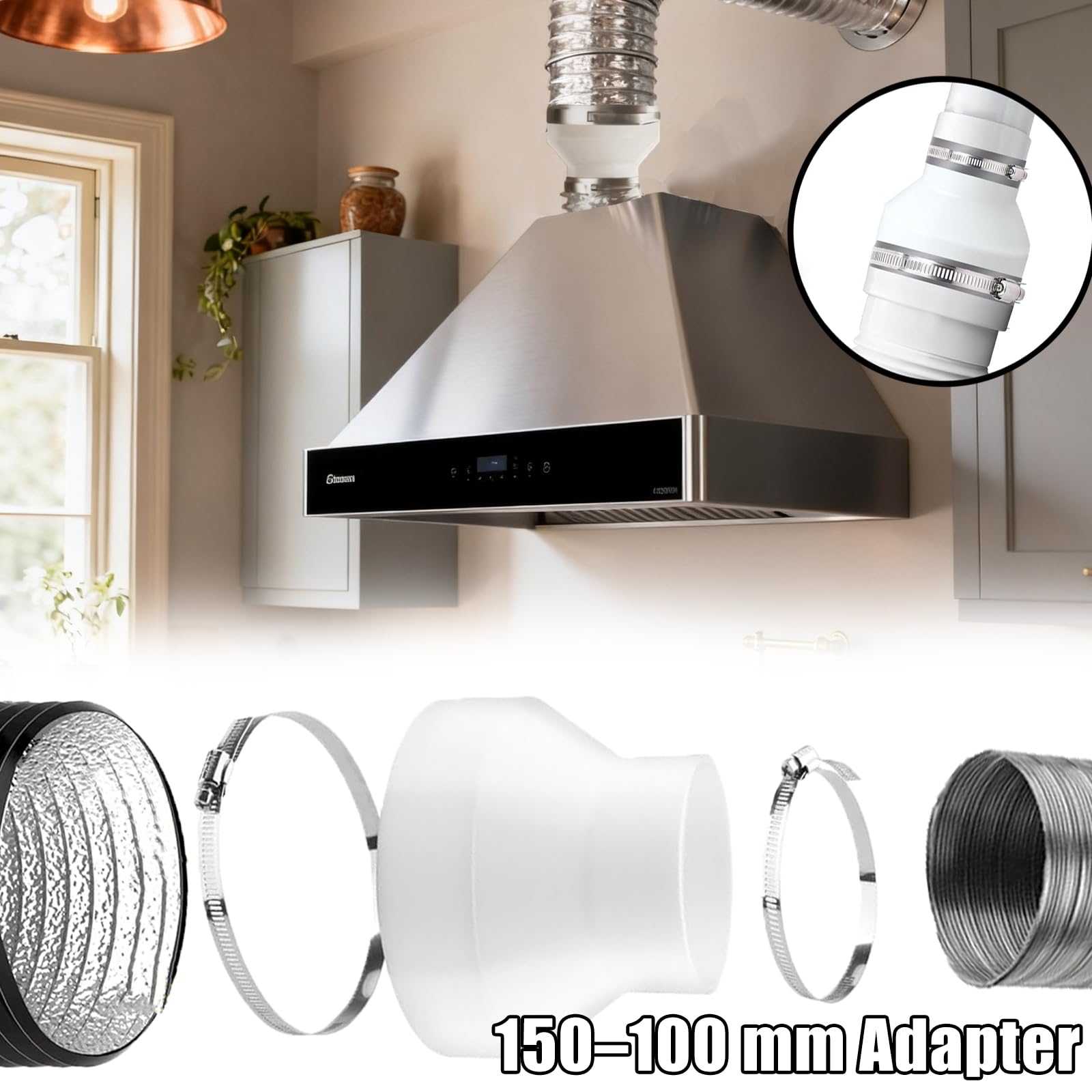 Adapter węża 150 mm do 100 mm, reduktor przewodów ABS z 2 opaskami ze stali nierdzewnej, reduktor wentylacyjny do okapu kuchennego klimatyzatorów kanałów wentylacyjnych