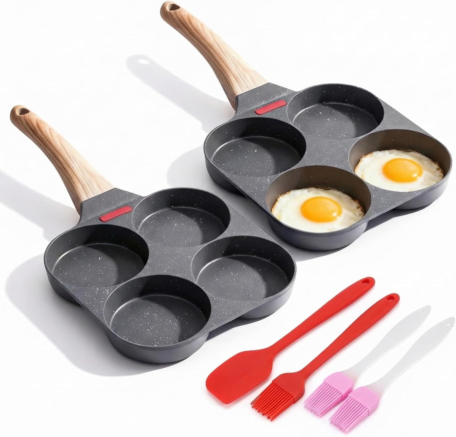 2 Pack Aluminum Divided Nonstick Egg Frying Pan, Cookware for Breakfast Burgers, Versatile 4 Cup Egg Frying Pan for Gas Stoves, Includes Silicone Spatulas