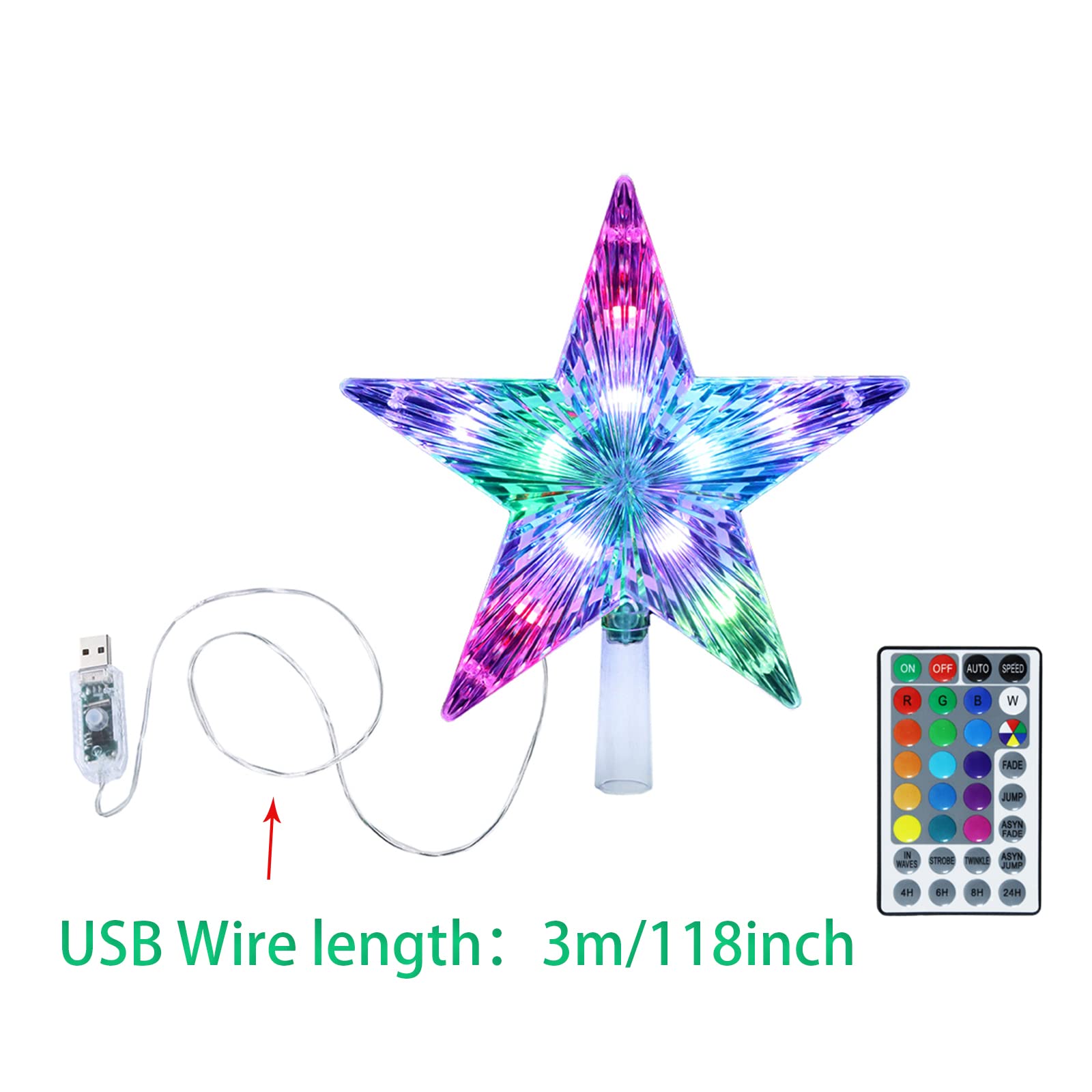 Lymonflyy Christmas Tree Topper 9.5inch 24 Modes Color Changing with Versatile Remote Controller USB Powered Christmas Star Trees Topper Party Home Decoration