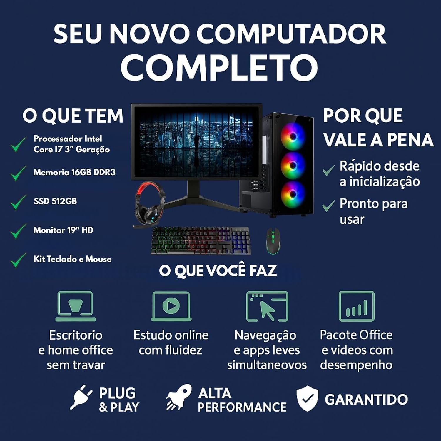 MRPC Computador Gamer Completo com Intel Core i7 3770, 16GB RAM, SSD 512GB, Graphics 4000, Fonte 500W, Monitor 19", Windows 10, RGB Cooling