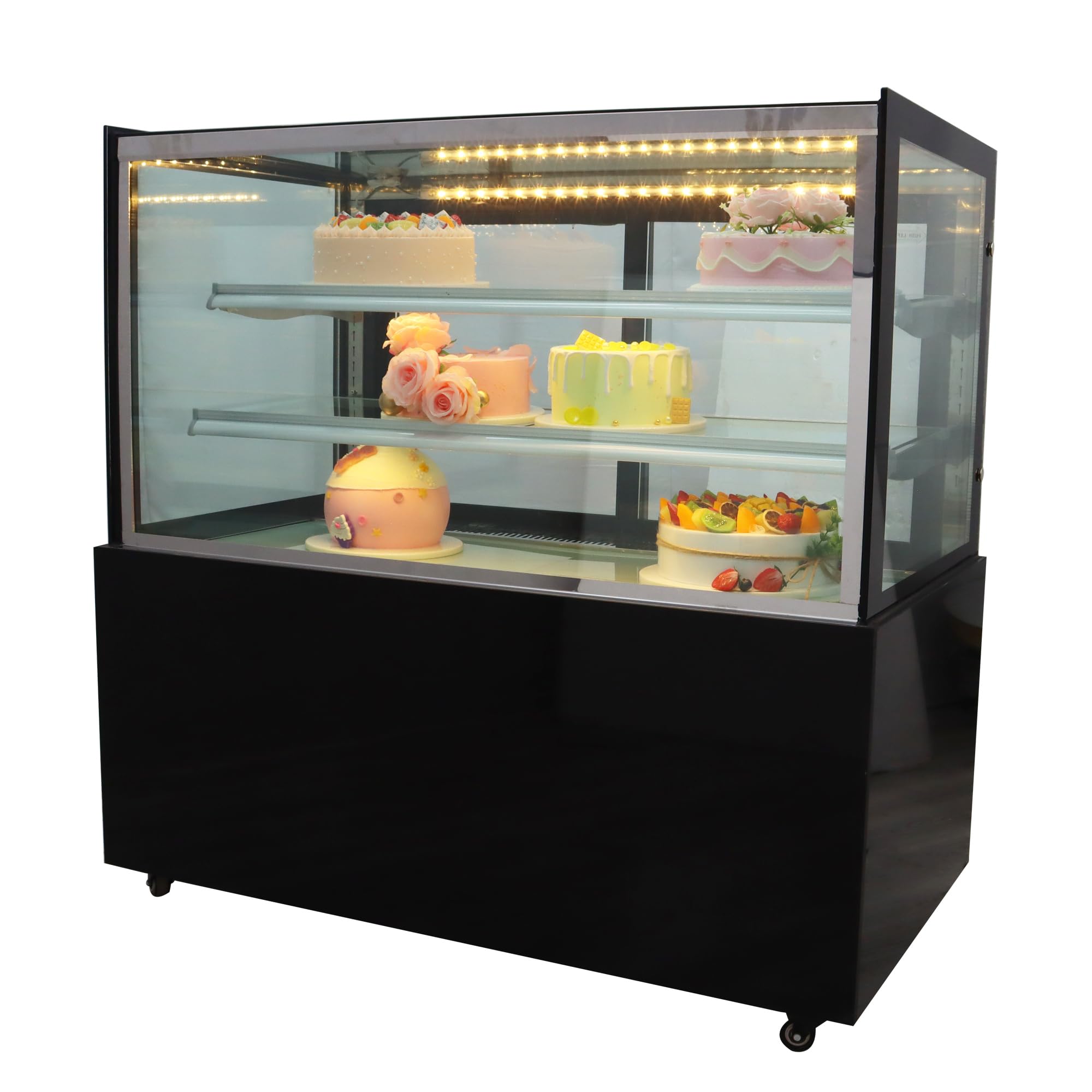 HQHAOTWU Floor-Standing Refrigerated Cake Showcase Commercial Right Angle Cooling Display Cabinet Desktop Cake Showcase for Fruit Cake Bakery Cookies with LED Light 220V Black