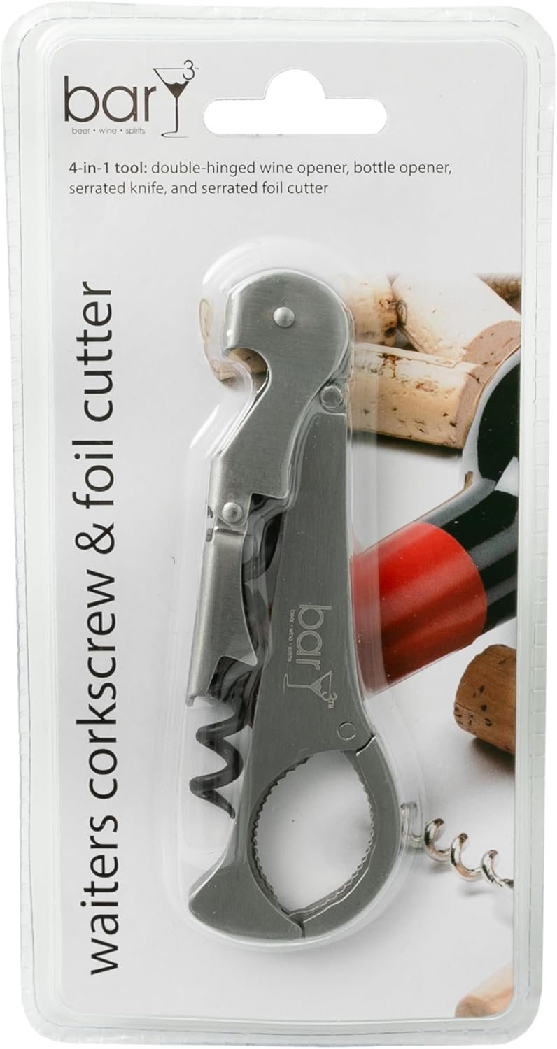 Bary3 Waiters Corkscrew With Foil Cutter - Stainless Steel Waiters Corkscrew With Built-in Bottle Opener and Knife - Set of 2