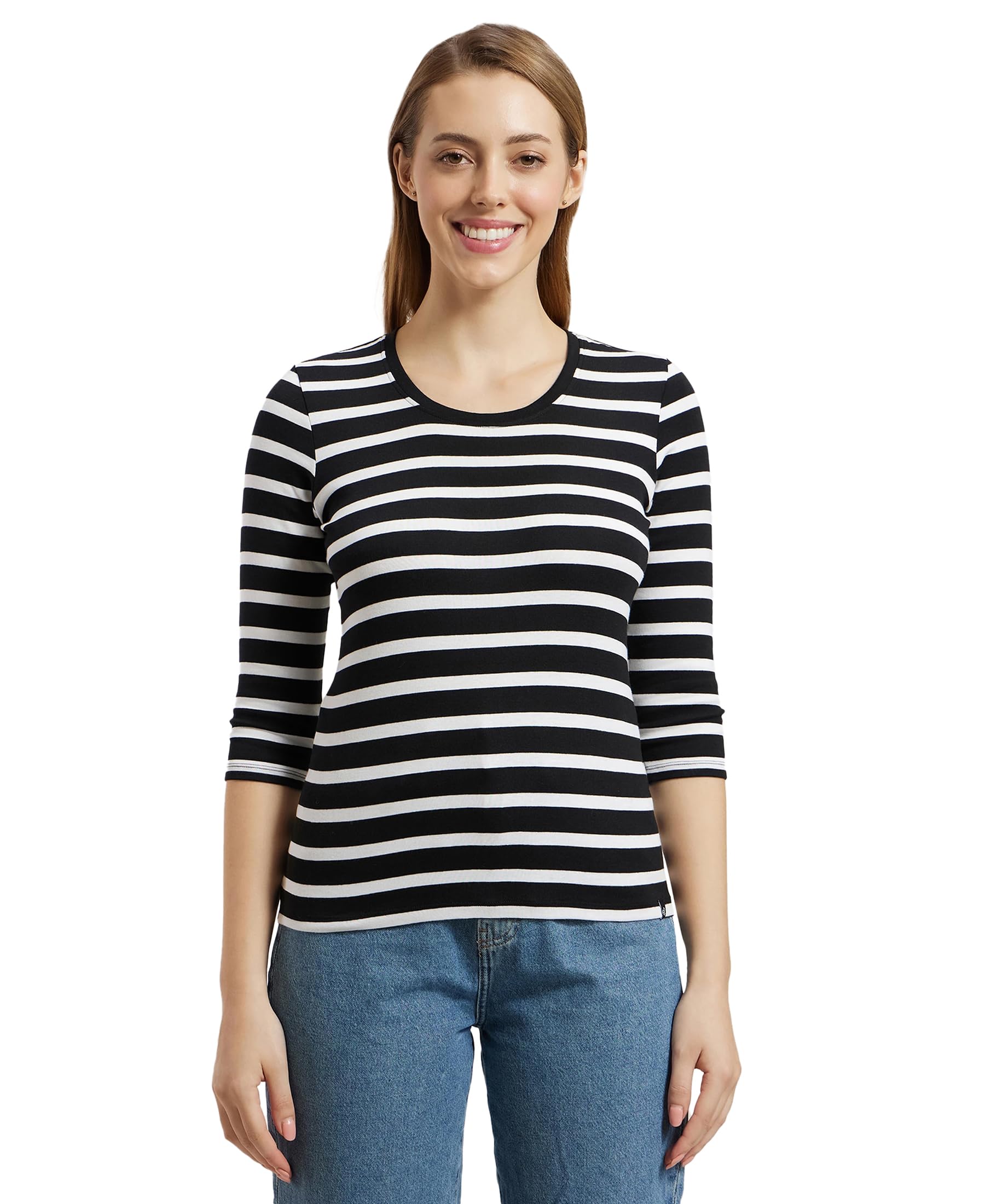 1360 Women's Super Combed Cotton Elastane Stretch Slim Fit Striped Round Neck Three Quarter Sleeve T-Shirt-image-35