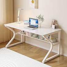 OSCHF Office Desk with Storage Shelf - 47.3" Long Writing Table for Single-Person Workstation, Modern Study Gaming Computer Desk, Warm White