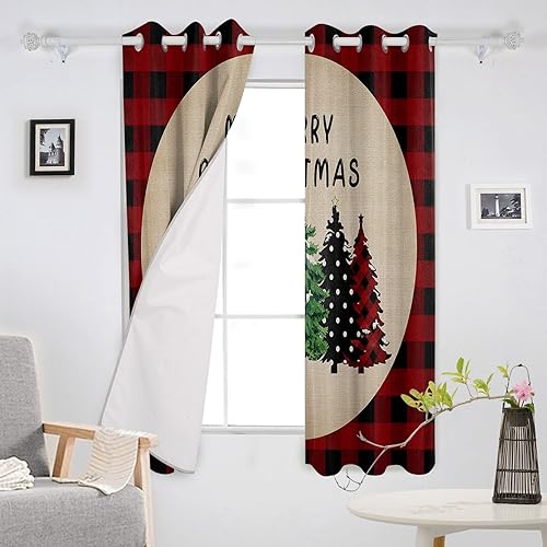 Miniatura 3 de Cortinas opacas para dormitorio, árbol de Navidad, cuadros rojos, lino con ojales, aislamiento térmico, cortina de oscurecimiento de habitación para