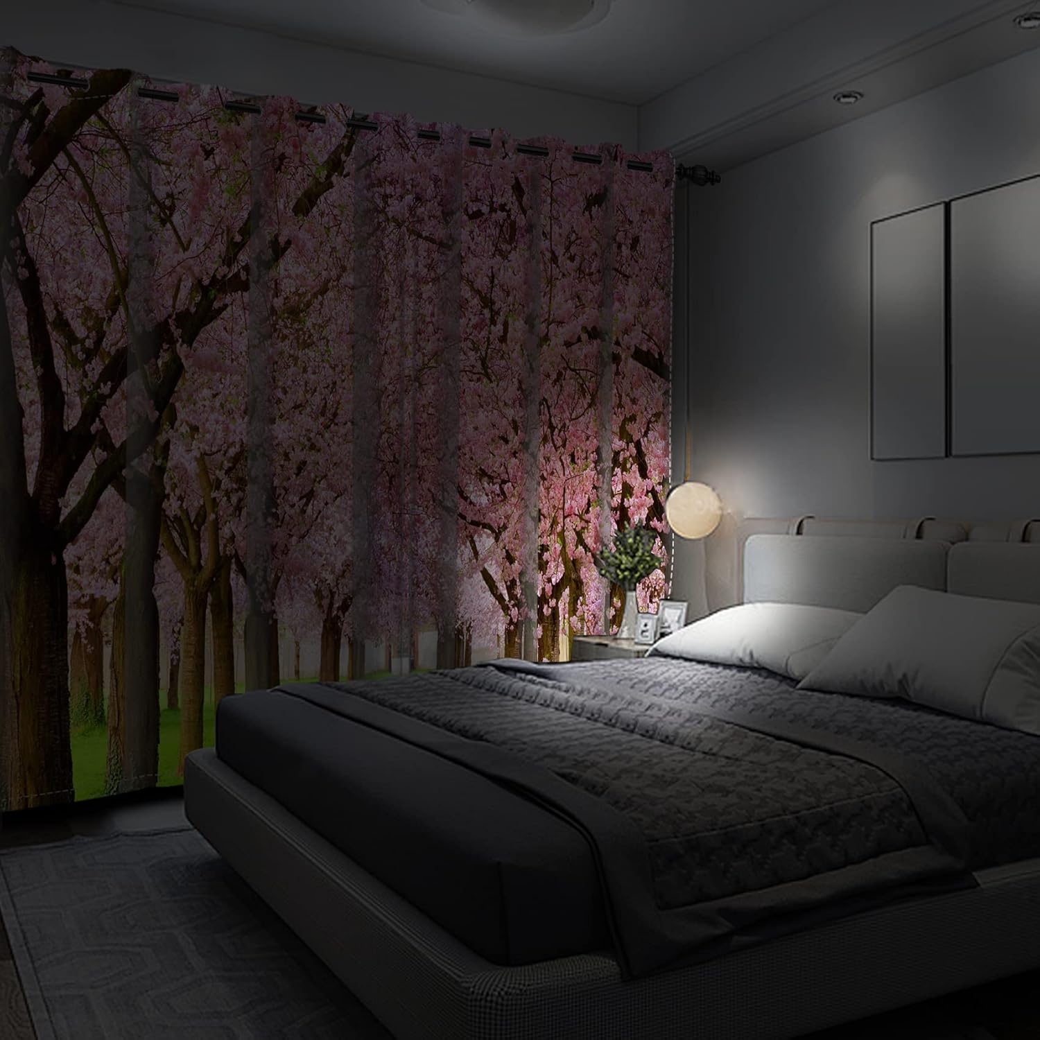 Yeele 42x96inches Spring Cherry Blossom Blackout Curtains Pink Flower Trees Green Grassland Window Treatment Drapes 2 Panels Thermal Insulated Grommet Window Curtains for Girls Bedroom Living Room