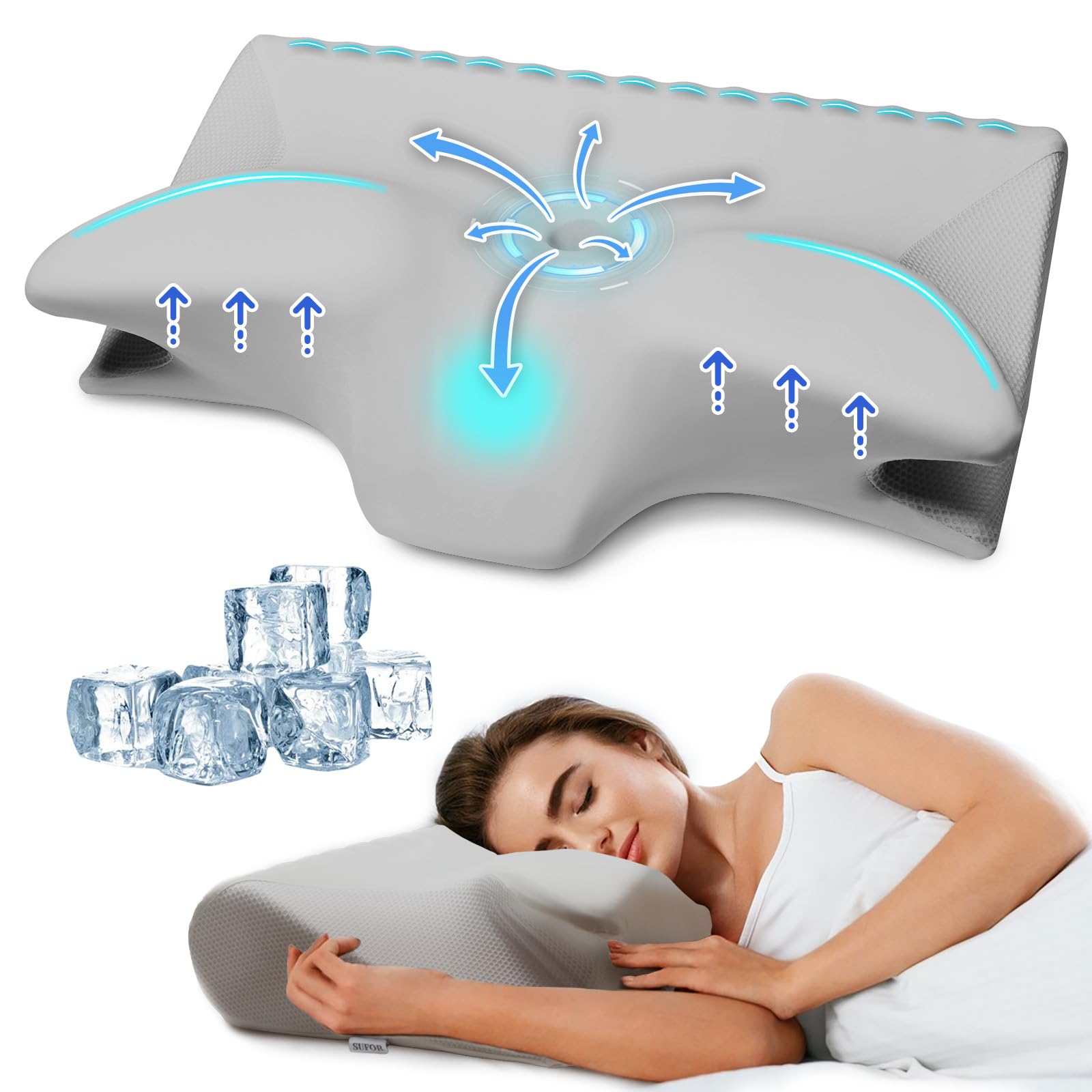 Cervical Pillow for Neck Pain Relief, Cooling Contour Memory Foam Pillows Support Odorless Ergonomic Neck Pillow Adjustable Orthopedic Bed Pillow for Side Back Stomach Sleeper with Pillowcase,Grey