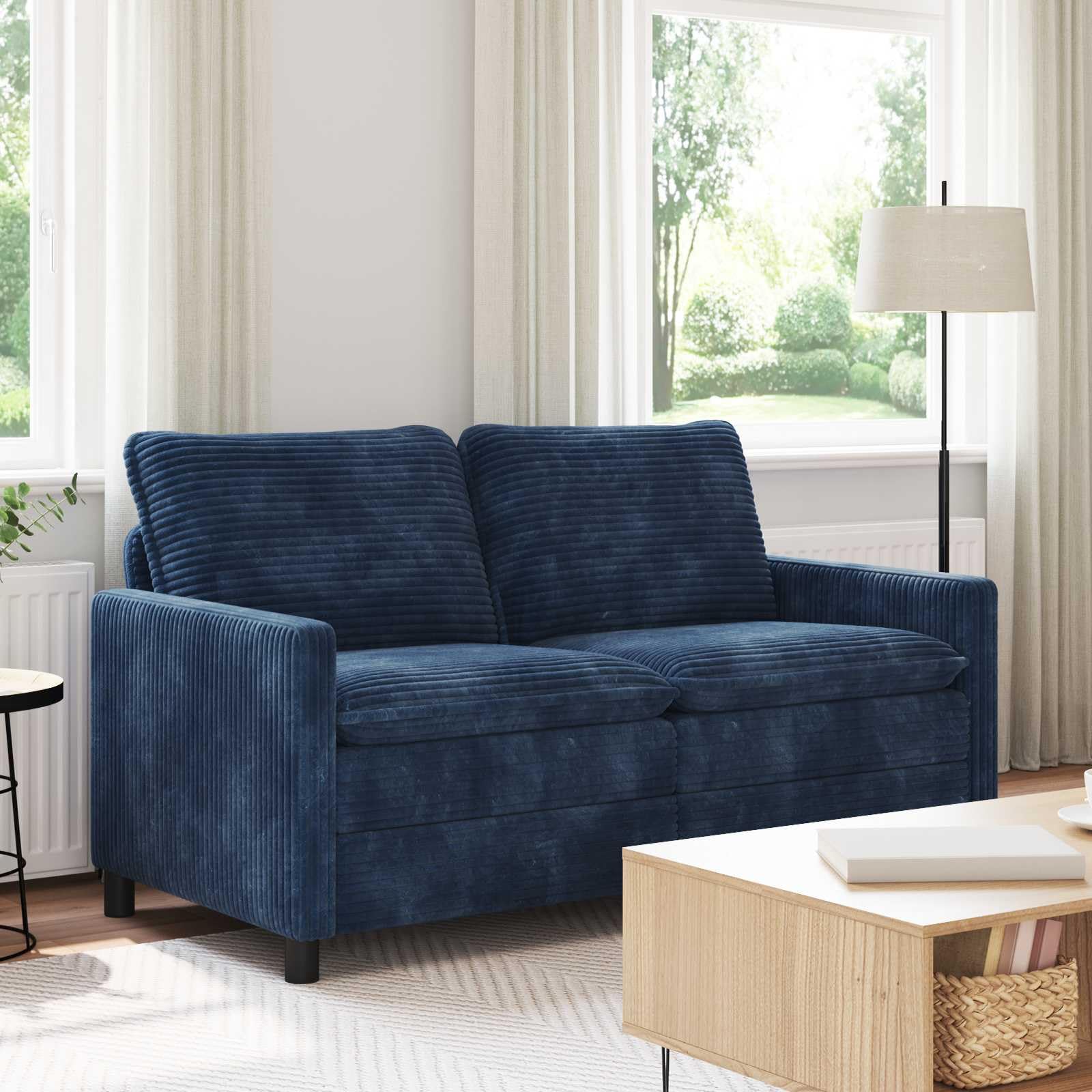 Sofa granatowa z poliestru z metalową ramą, 156 x 81 x 87,5 cm, dwuosobowa kanapa ze zdejmowanymi poszewkami na poduszki, nowoczesny design do salonu i biura