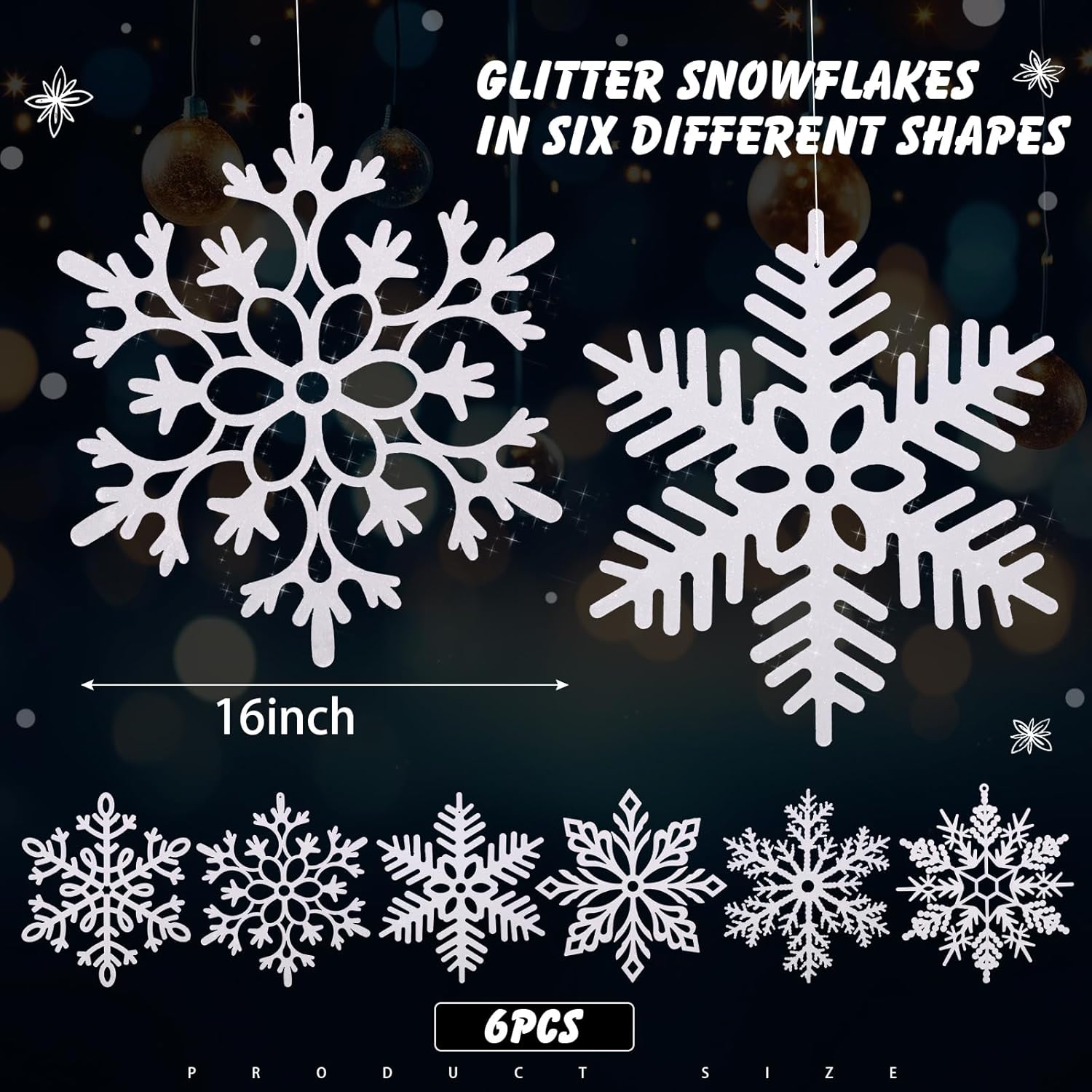 Hestya 16 Inch Large Snowflake Ornaments Giant Glitter Decorative Hanging Snowflakes 6 Designs Christmas Decorative Hanging Ornaments Winter Window Decor Snowflakes with Nylon Thread (White,6 Pcs)