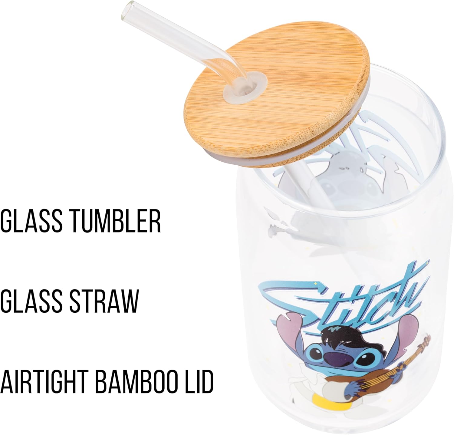 Silver Buffalo Disney Lilo and Stitch Glass Tumbler with Bamboo Lid and Glass Straw Featuring Stitch in an Elvis Costume, 16 Ounces - Image 4
