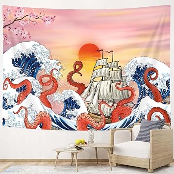 Hajmsug Japanese Anime Tapestry Wall Hanging, Sea Monster Octopus Sailboat Japan Wave Cherry Blossoms Sunset Sailboat Wall Tapestries, Asian Cool Tapestry for Boys Guys Girls Bedroom Home Dorm