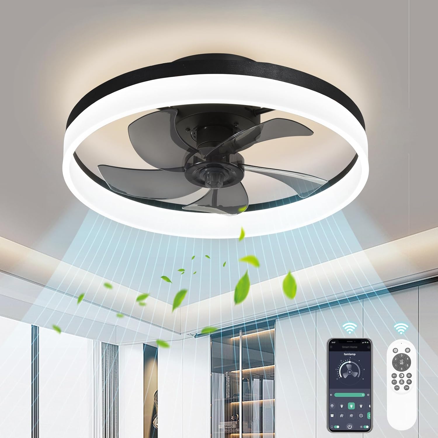 Low Profile Ceiling Fans with Lights,19.7" Flush Mount Ceiling Fan with Remote,Reversible,Noiseless,Dimmable,Black Fandelier Chandelier Ceiling Fan for Bedroom.