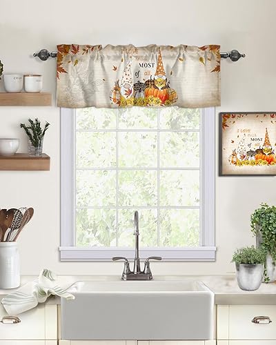 Miniatura 2 de Cenefa de cortina de cocina de gnomo de otoño, cenefa de cortina de calabaza de Acción de Gracias, bolsillo para barra, 1 panel de cenefas pequeñas