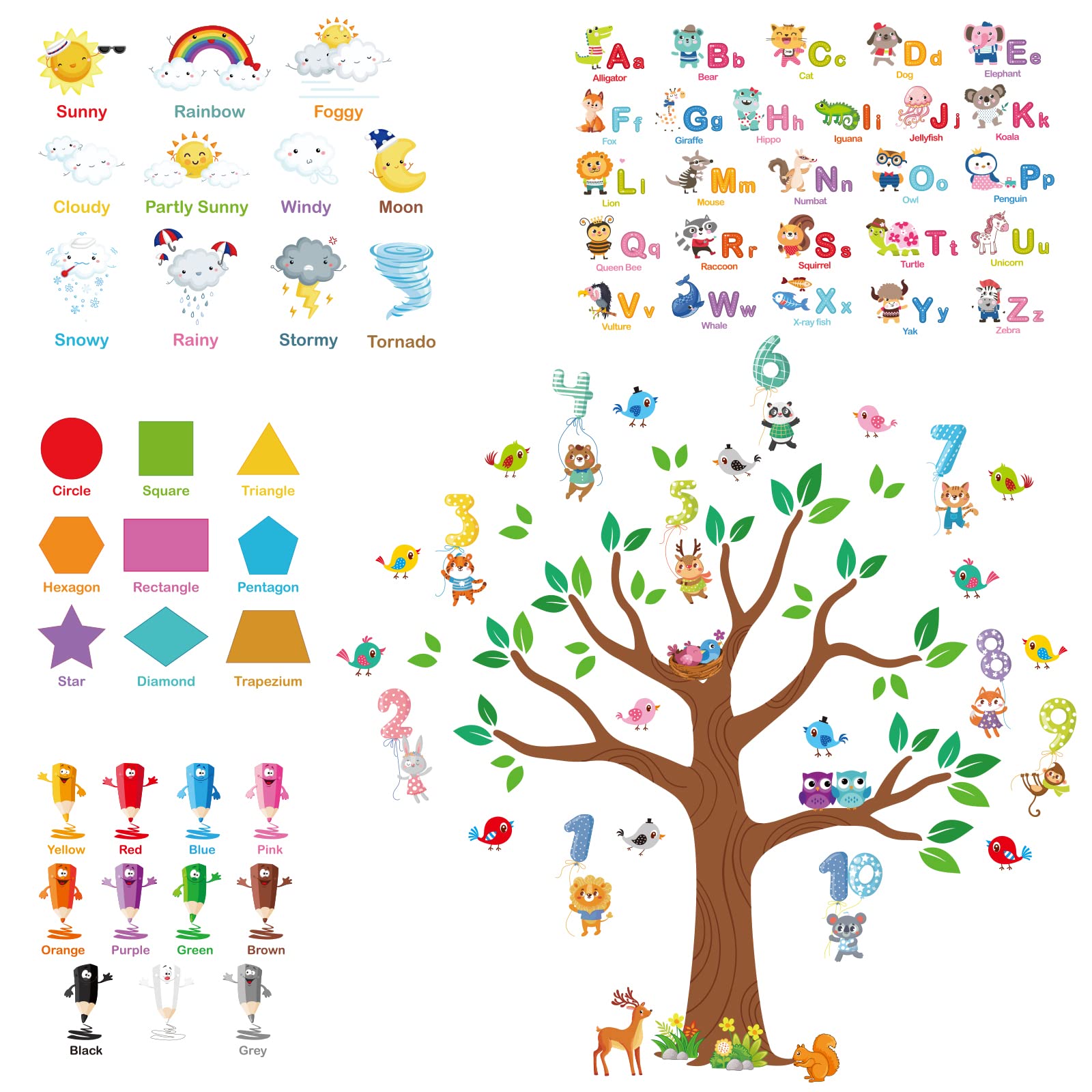 Animal Alphabet ABC and Number Tree Wall Stickers with Color Shape Weather Wall Decals Self-Adhesive for Kids Preschool Education Children Living Room Deco (4 Sheets)