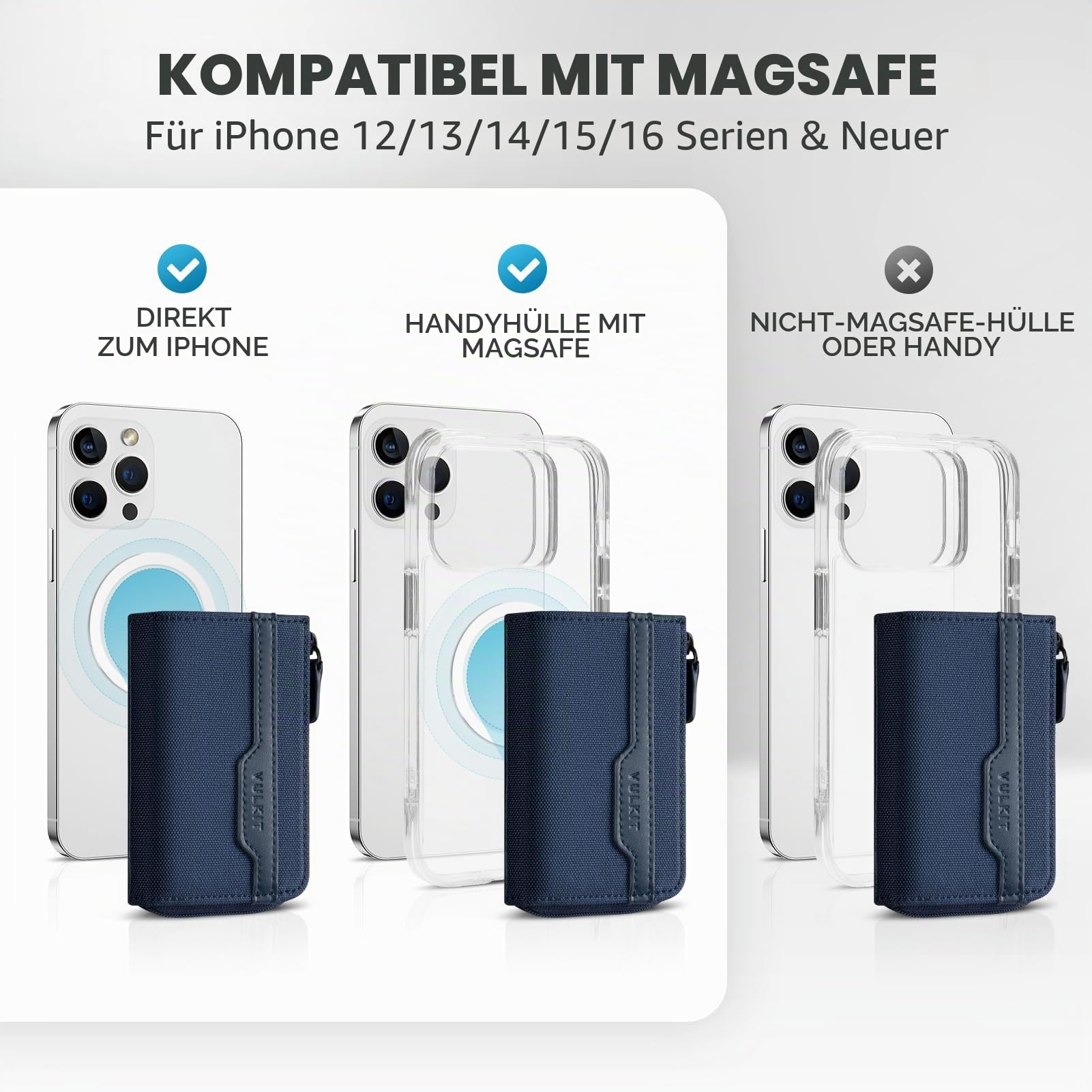 VULKIT Magnetische Kartenbrieftasche, kompatibel mit MagSafe Wallet RFID-blockierender Handy-Kartenhalter für iPhone 15/14/13/12 Serie, navy, no, Minimalistisch