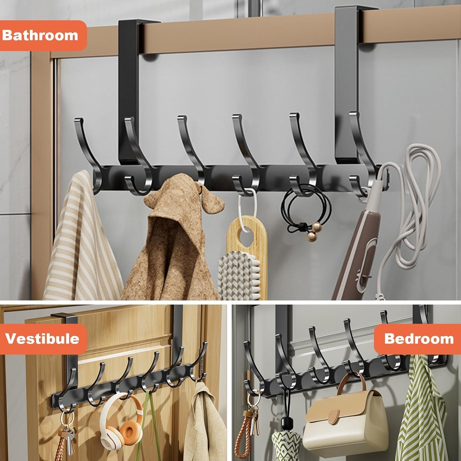 12 Hooks Over The Door Hanger, Coat, Towel, Bag, and Robe Hook for Bathroom,Assembly-Free Matte Finish Black Hook - Image 4
