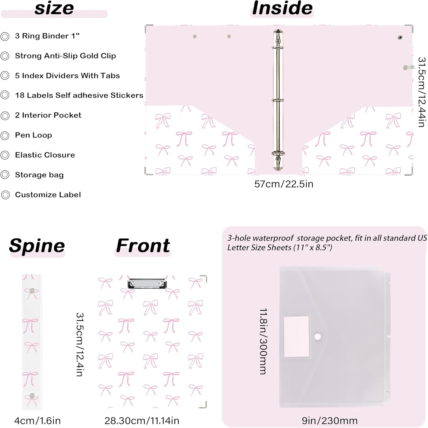 3 Ring Binder 1 inch with Clipboard - White & Pink Bow Design, Includes Dividers, File Bag & Spine Label - Classic and Elegant for School or Work, Holographic Waterproof Film - Image 5