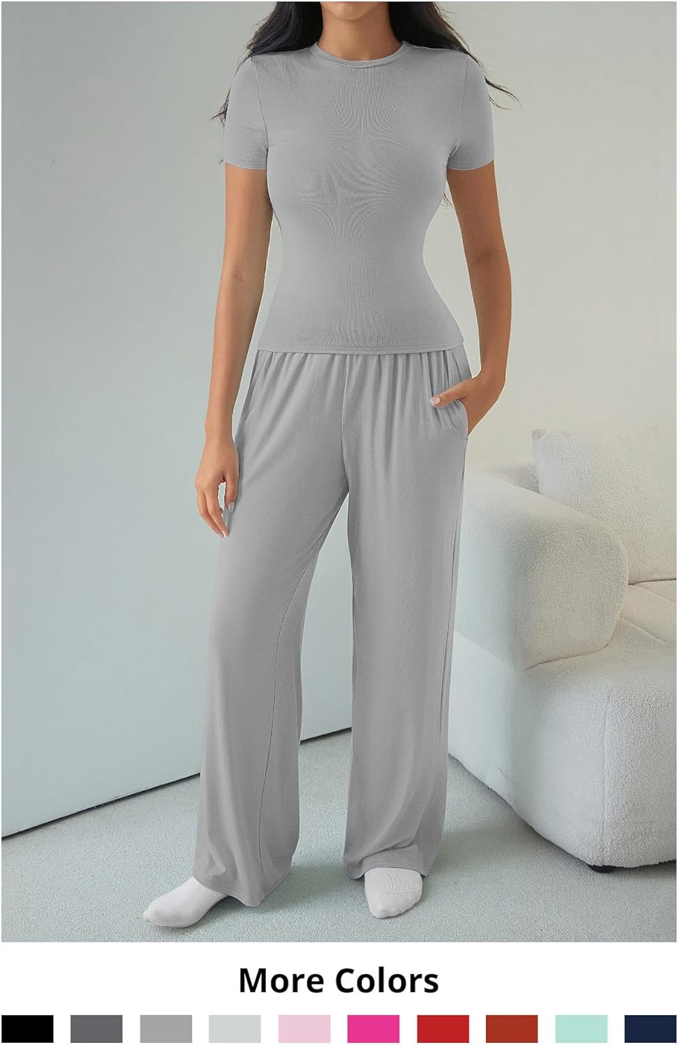 Women’s Pajama Set – Soft Loungewear Short Sleeve Top & Wide Leg Pants, Elastic Waist Drawstring Viscose Comfort - Image 6
