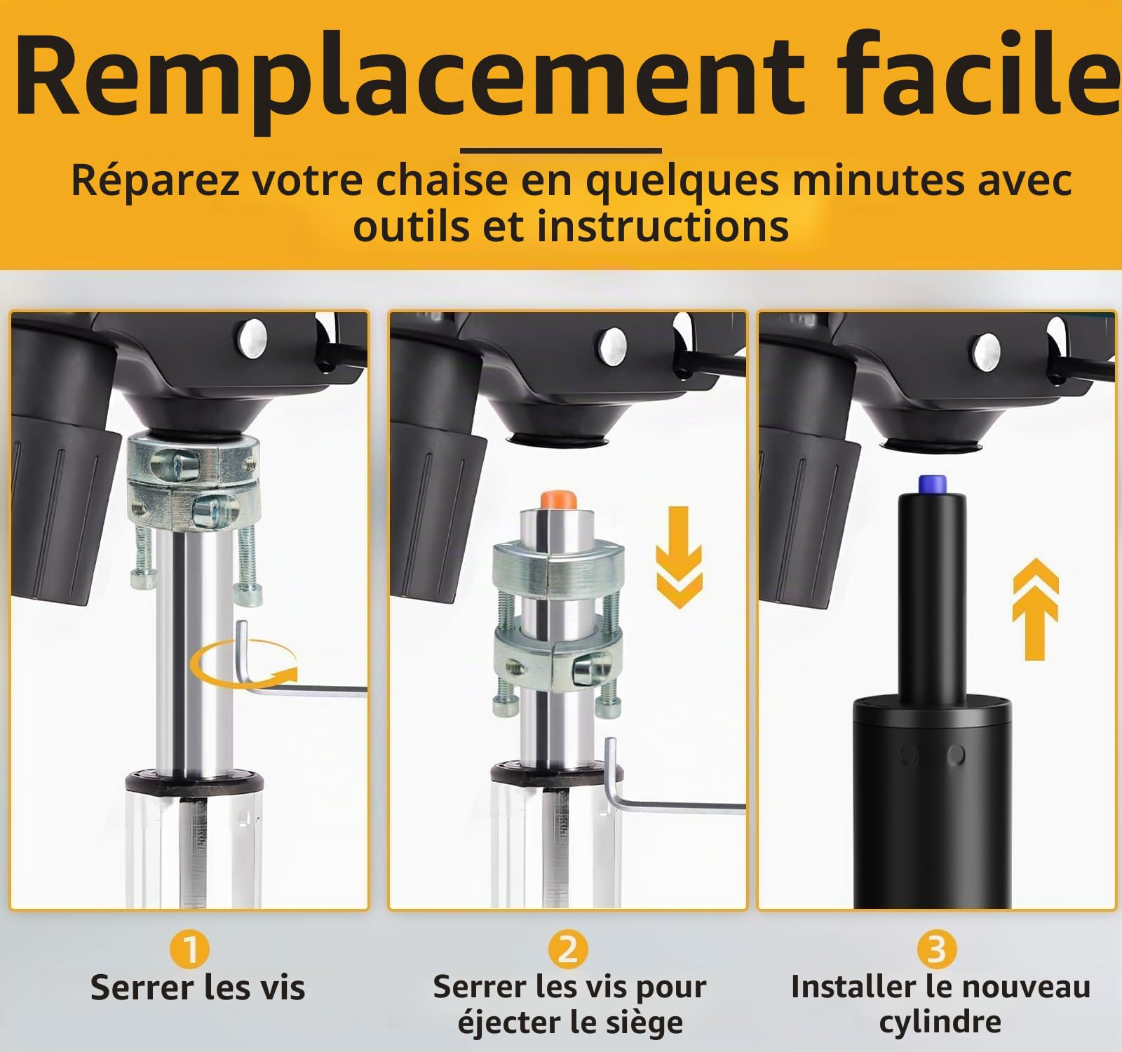 Mastery Mart Vérin à gaz de rechange, avec vérin à gaz de 251 mm à 346 mm pour chaise de bureau, gants, outil de retrait de cylindre, arbre de serrage cylindrique (28 mm), vis longues, clé en L